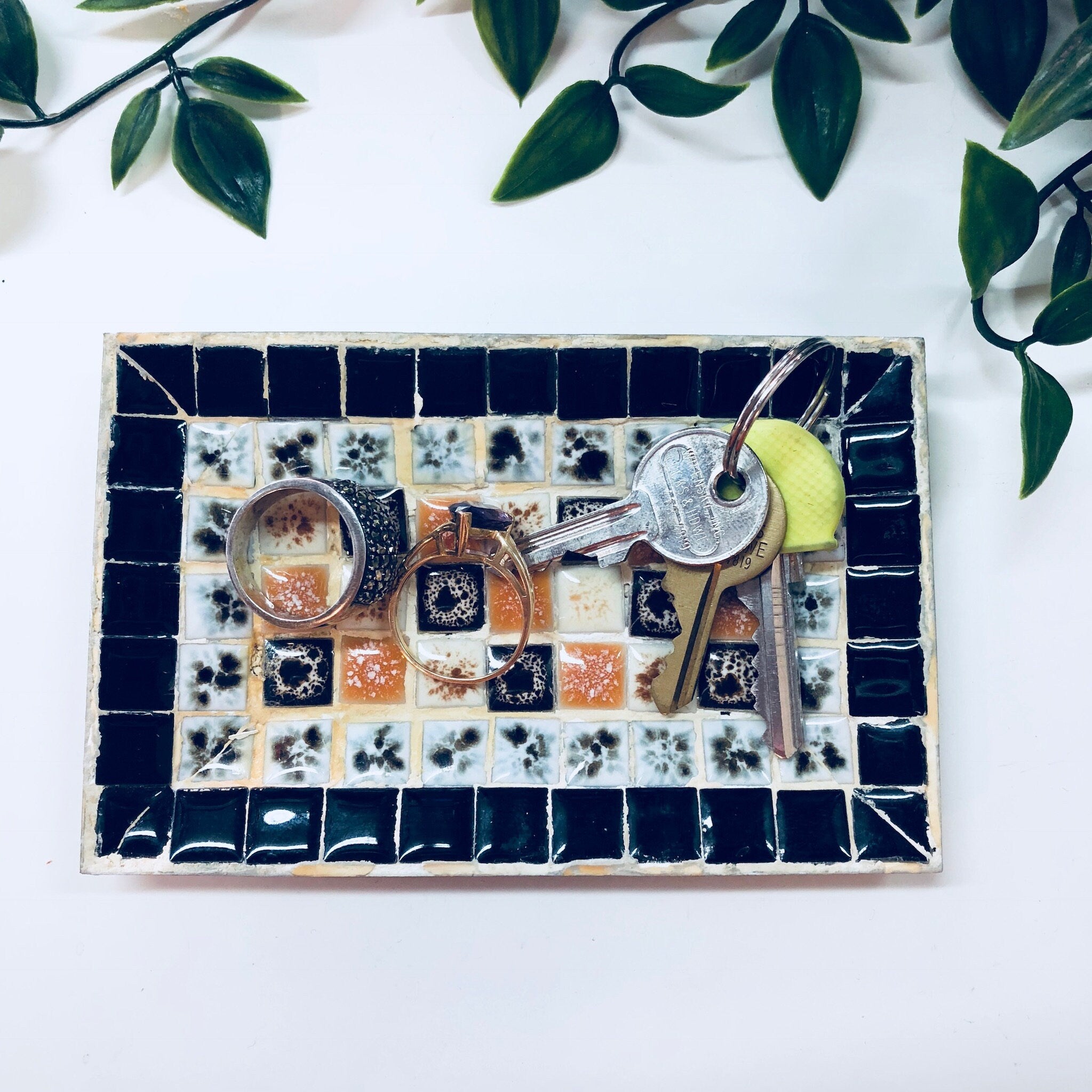 Catch All Dish, Jewelry Dish, Ring Dish, Trinket, Mosaic, TIle, Black, Metal, White, Orange, Brown, Vintage Home Decor, Bedside Table, Rings