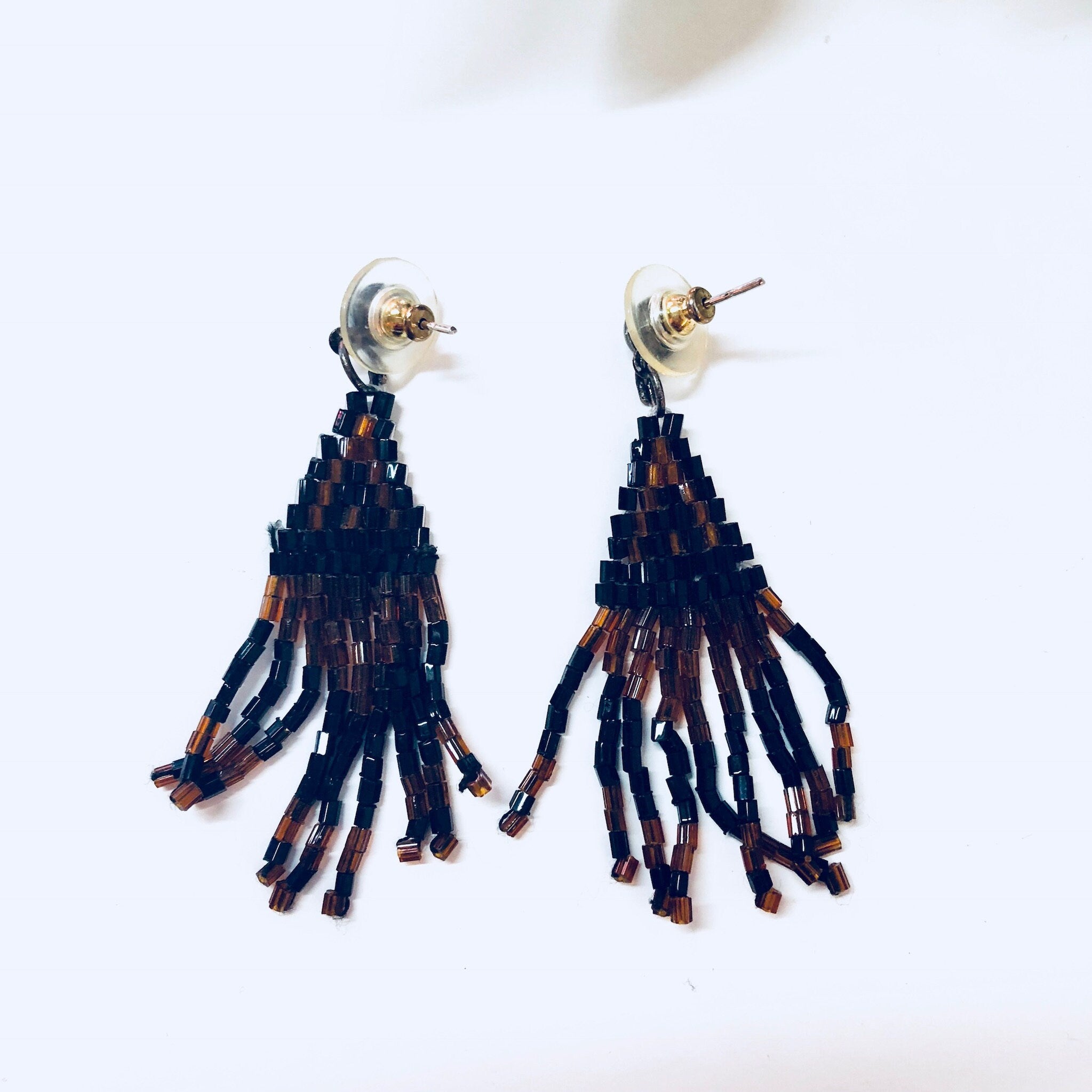 Vintage Earrings, Beaded Earrings, Black, Brown, Bohemian Style, Boho Jewelry, Vintage Jewelry, Pierced Ears, Tassel Earrings, Beaded