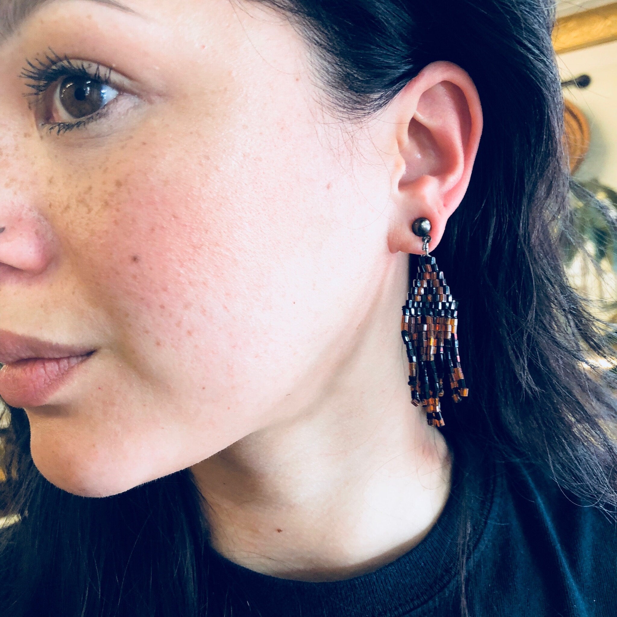 Vintage Earrings, Beaded Earrings, Black, Brown, Bohemian Style, Boho Jewelry, Vintage Jewelry, Pierced Ears, Tassel Earrings, Beaded