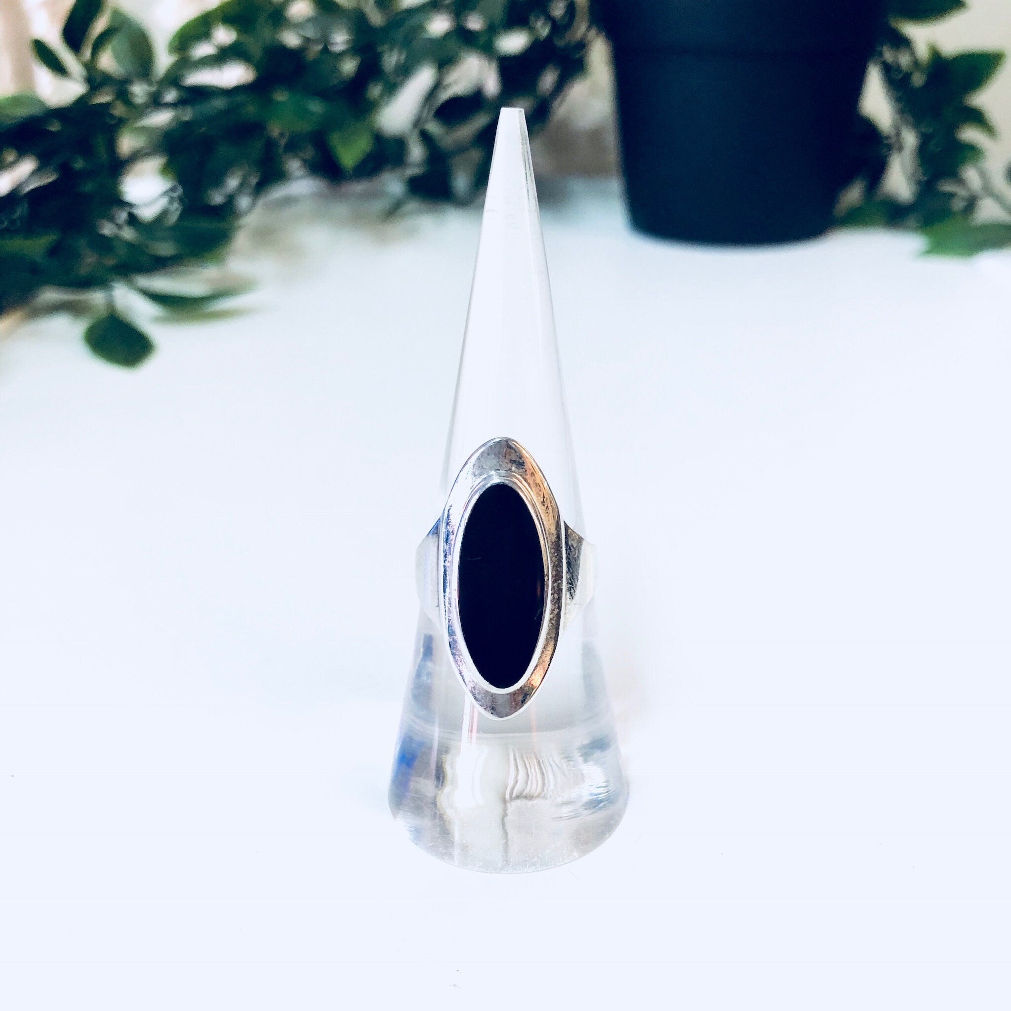 Vintage Silver Ring, Sterling Silver, Vintage Jewelry, Black Onyx, Silver and Black, Long Ring, Statement Jewelry, Anniversary Gift, 925