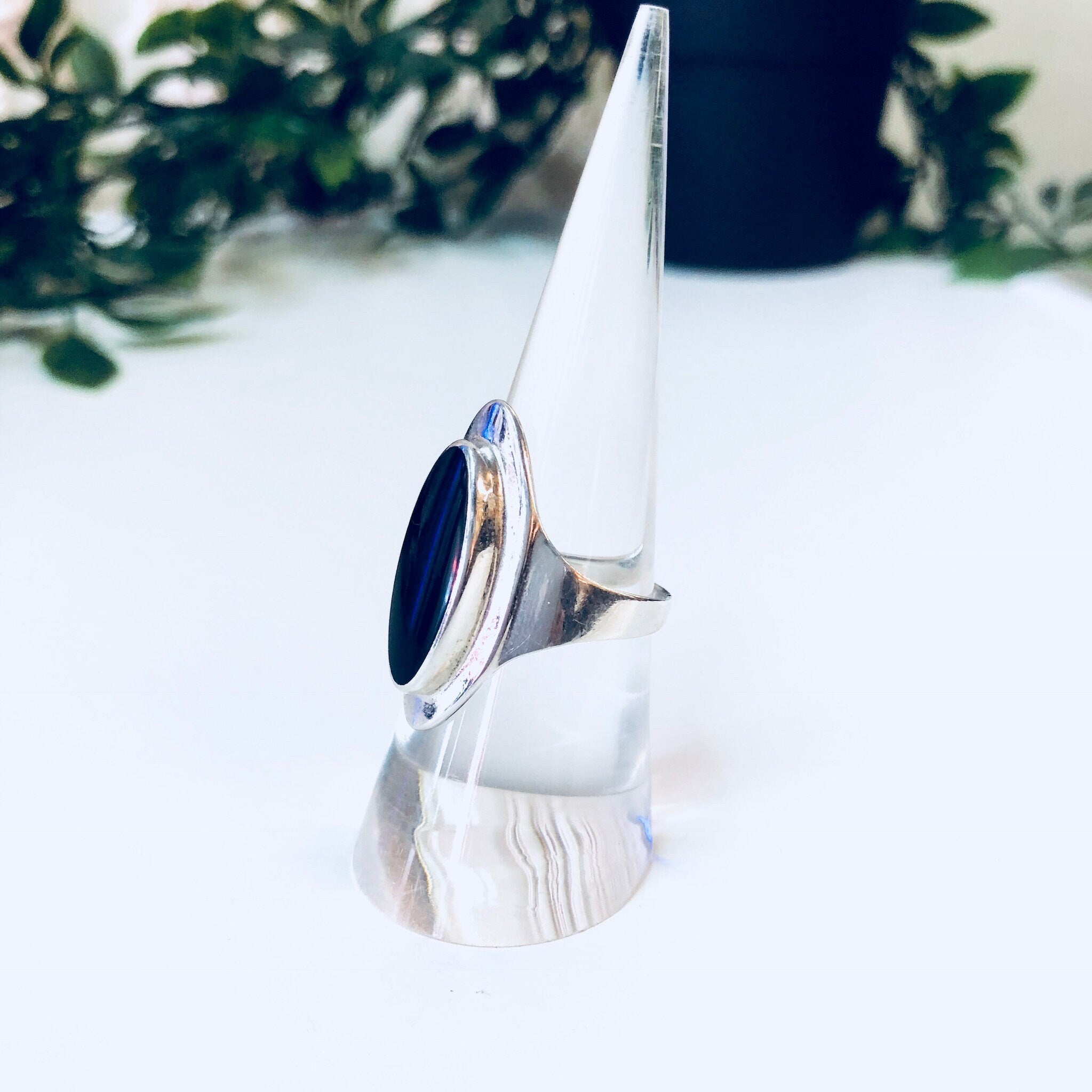 Vintage Silver Ring, Sterling Silver, Vintage Jewelry, Black Onyx, Silver and Black, Long Ring, Statement Jewelry, Anniversary Gift, 925