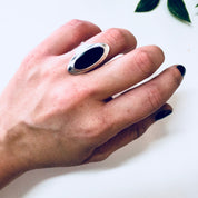 Vintage Silver Ring, Sterling Silver, Vintage Jewelry, Black Onyx, Silver and Black, Long Ring, Statement Jewelry, Anniversary Gift, 925