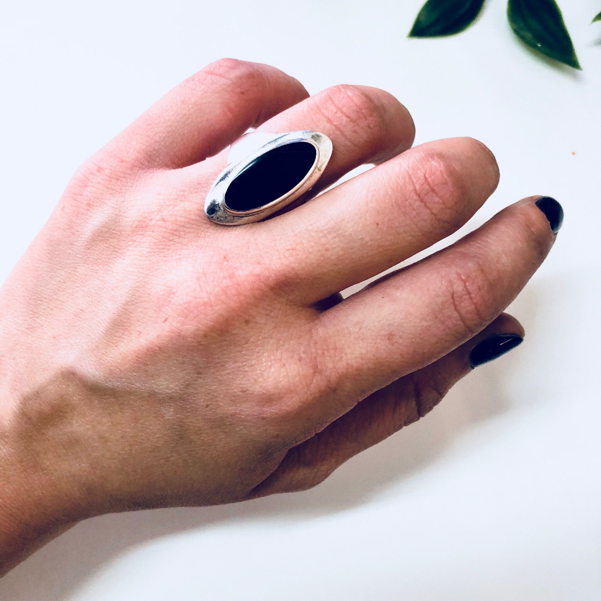 Vintage Silver Ring, Sterling Silver, Vintage Jewelry, Black Onyx, Silver and Black, Long Ring, Statement Jewelry, Anniversary Gift, 925