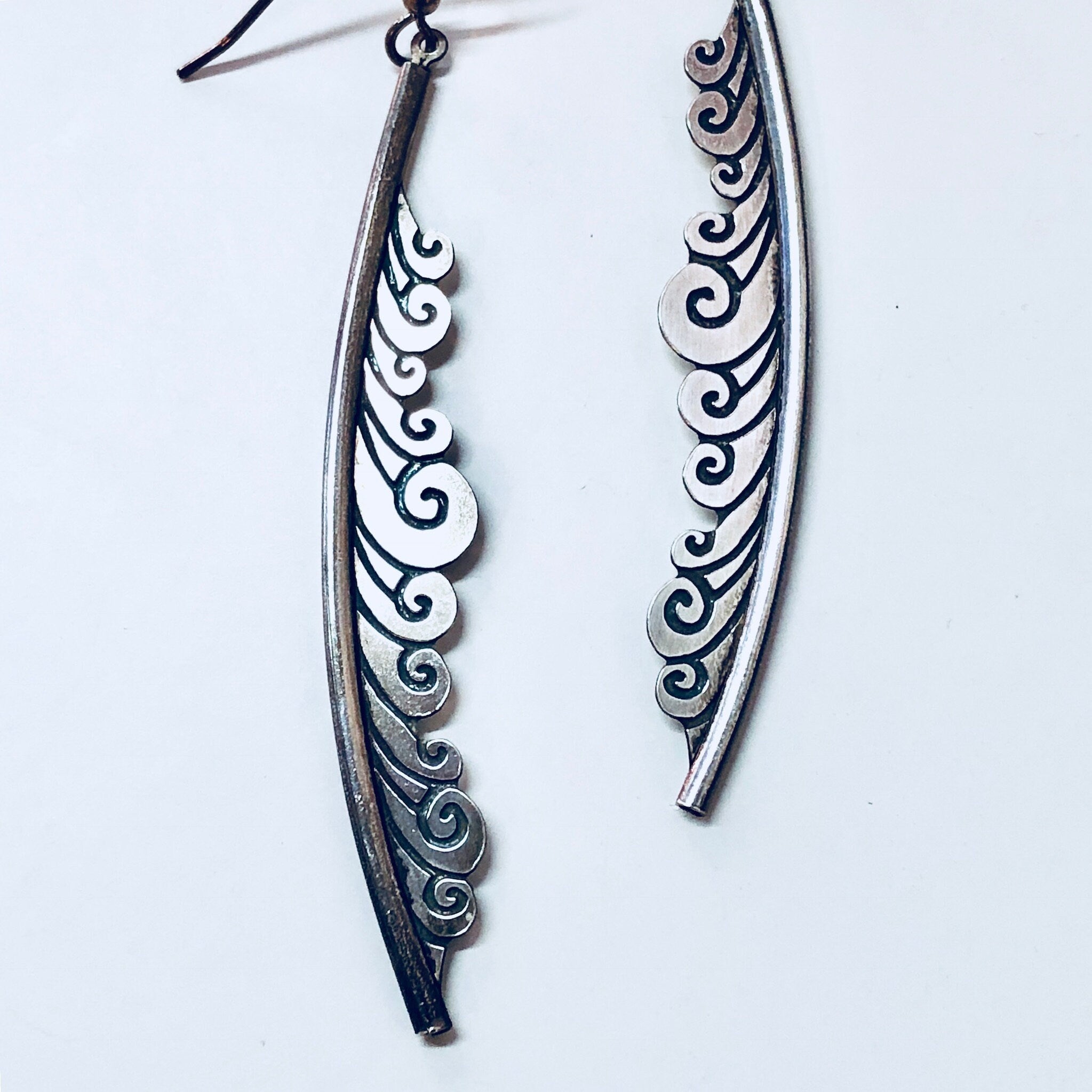 Vintage Silver Earrings, Dangle Earrings, Feather Earrings, Ornate Jewelry, Vintage Jewelry, Sterling Silver, Wave Design,Statement Earrings