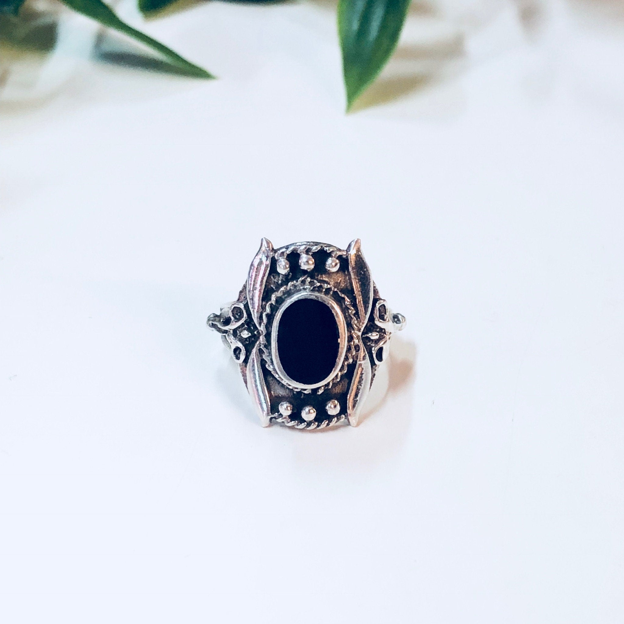 Vintage Silver Ring, Sterling Silver, Vintage Jewelry, Black Onyx, Ornate Ring, Small Ring, Pinky Ring, Silver and Black, 925, Engagement
