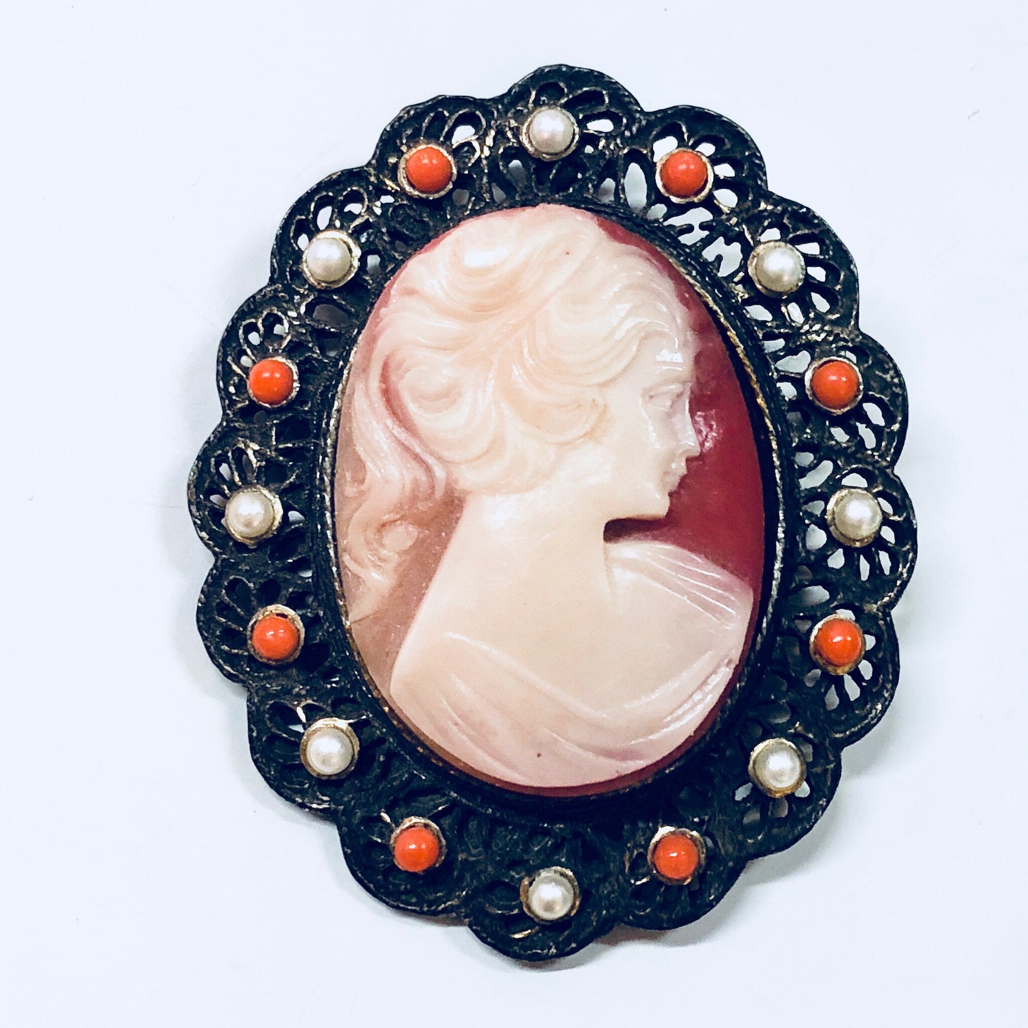 Vintage Beaded Cameo Brooch and Pendant