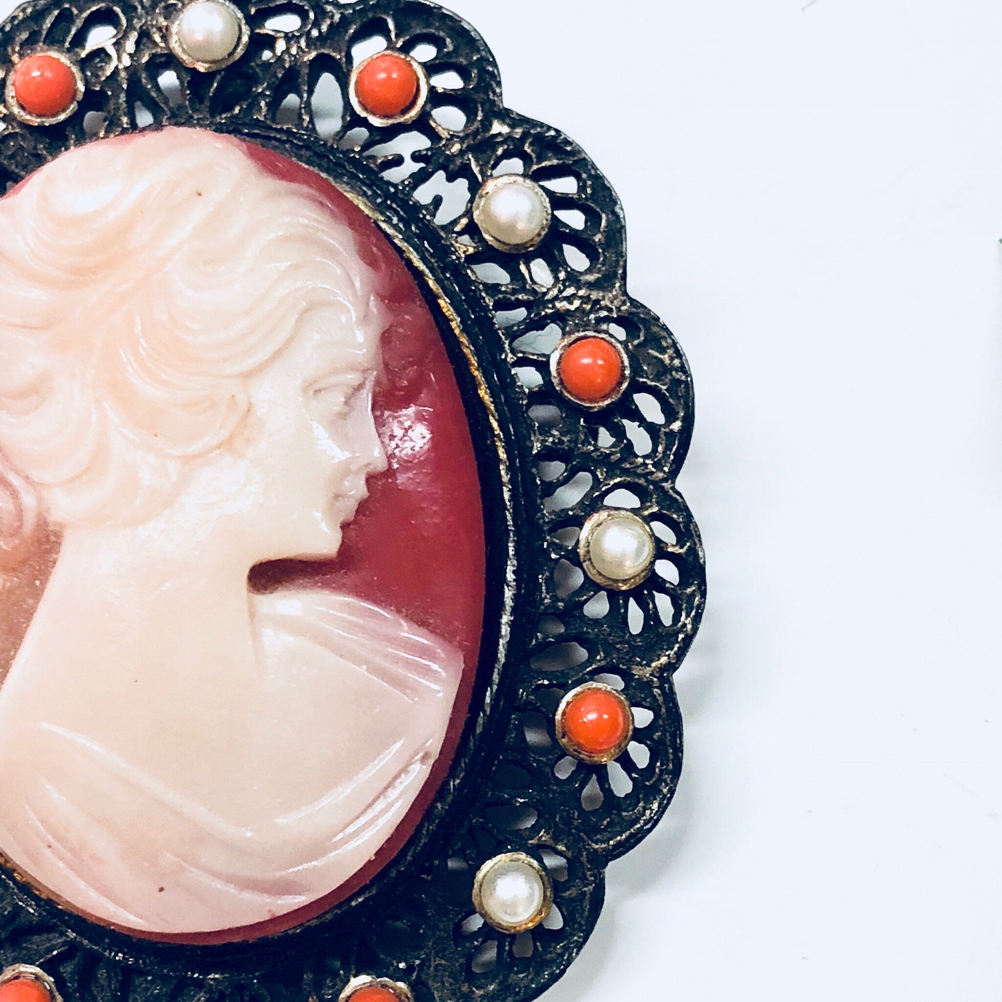 Vintage Beaded Cameo Brooch and Pendant