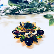 Vintage Brooch, Gold Toned Brooch, Costume Jewelry, Beaded Brooch, Rhinestone Jewelry, Purple, Light Green, Dark Green, Vintage Pin, Gold