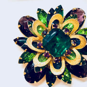 Vintage Brooch, Gold Toned Brooch, Costume Jewelry, Beaded Brooch, Rhinestone Jewelry, Purple, Light Green, Dark Green, Vintage Pin, Gold