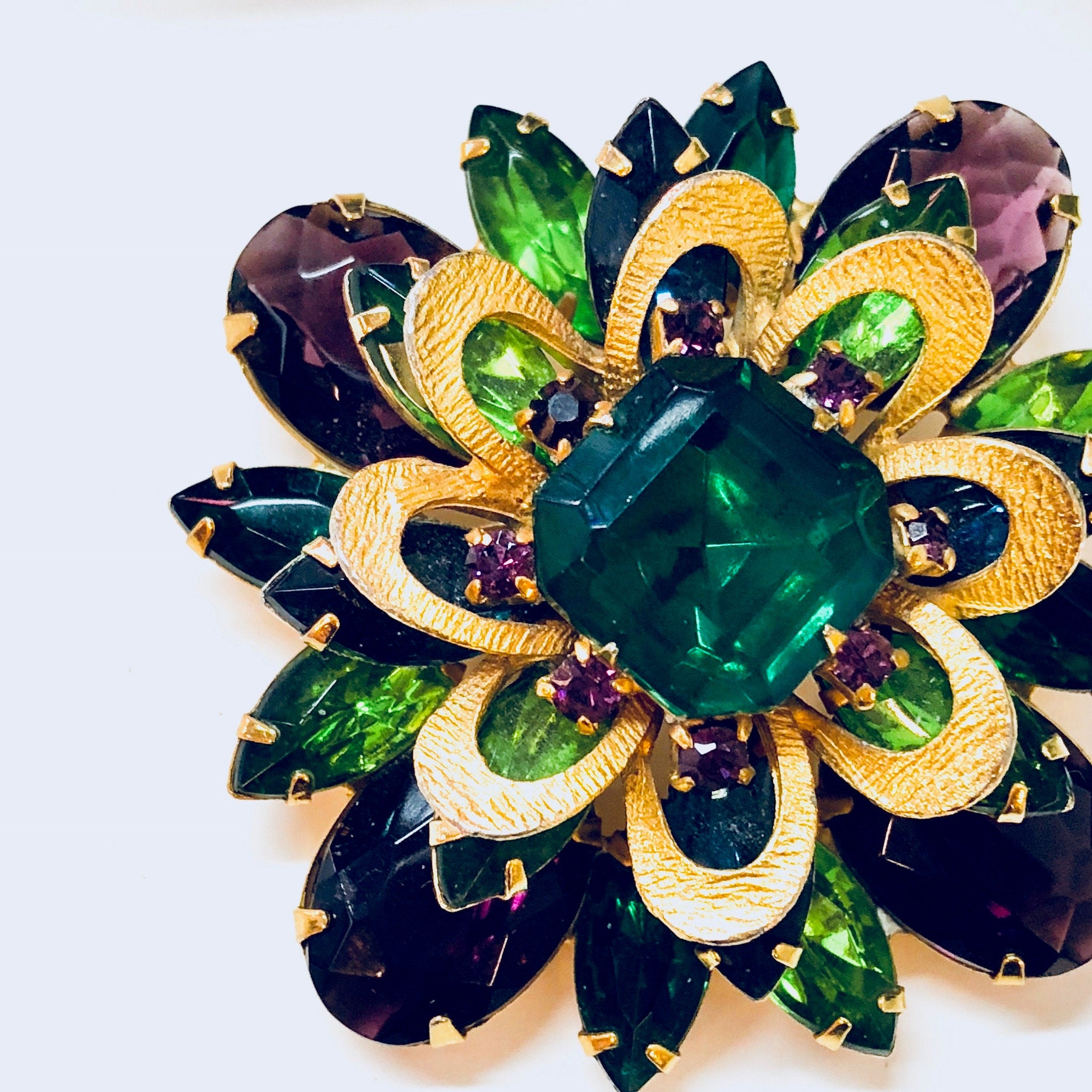 Vintage Brooch, Gold Toned Brooch, Costume Jewelry, Beaded Brooch, Rhinestone Jewelry, Purple, Light Green, Dark Green, Vintage Pin, Gold