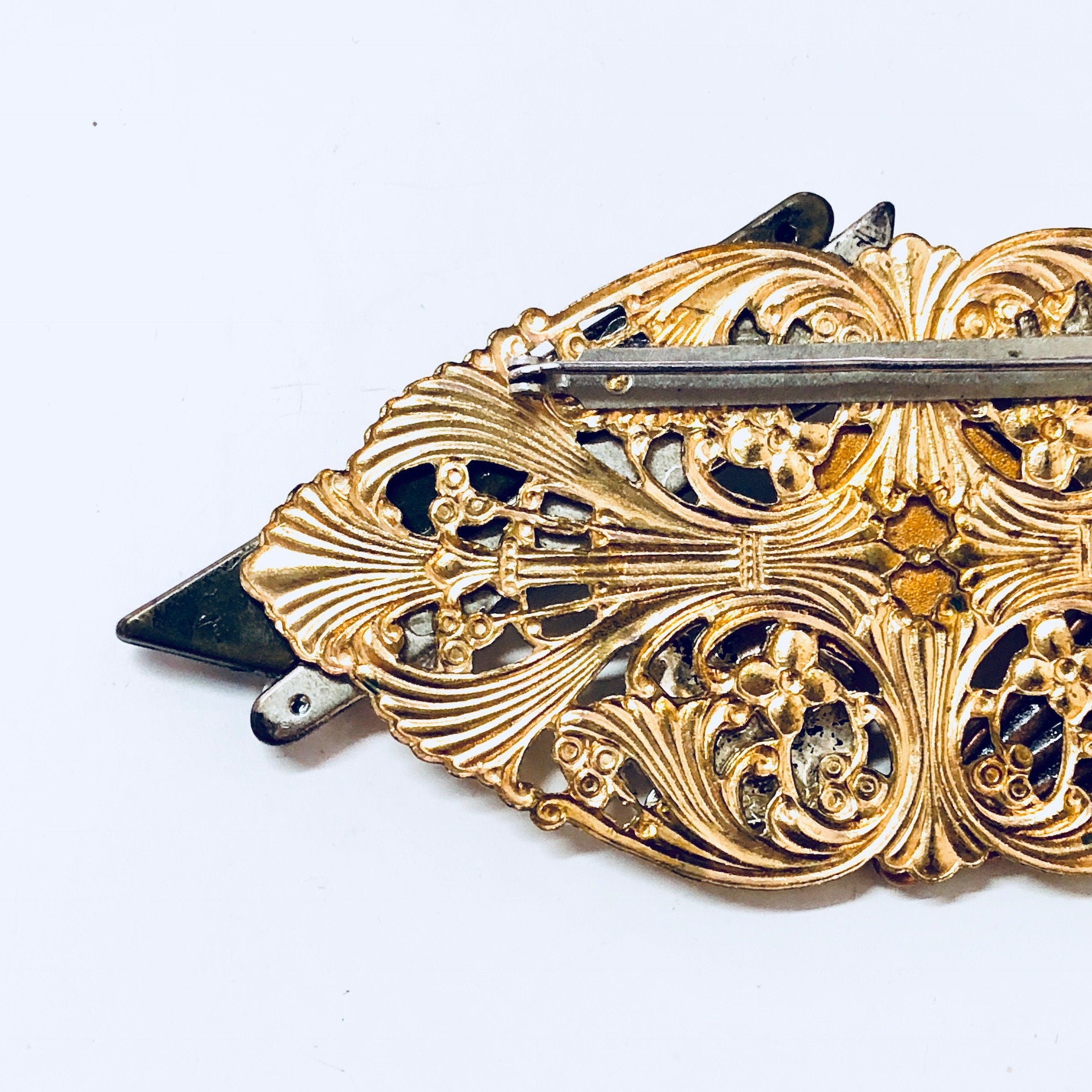 Vintage Brooch, Large Brooch, Vintage Jewelry, Gold Toned Jewelry, Unique Brooch, Vintage Pin, Costume Jewelry, Rhinestone, Peach, brown