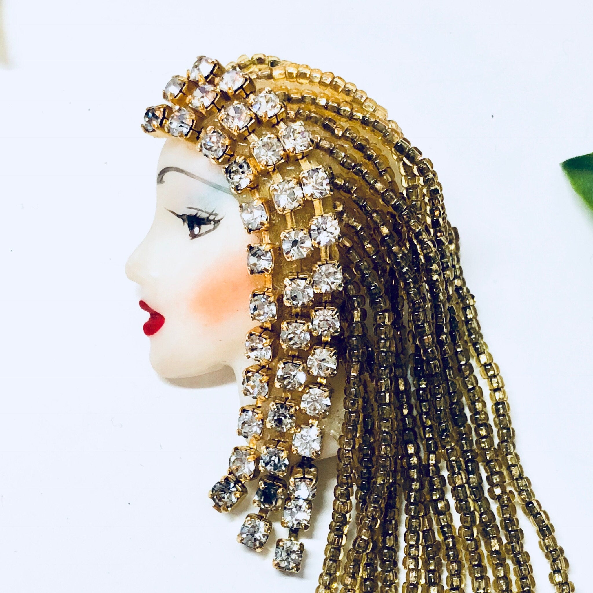 Vintage Brooch, Vintage Jewelry, Face Brooch, Flapper Jewelry, Beaded Pin, Vintage Pin, Yellow Beads, Rhinestones, Lipstick, blue, red