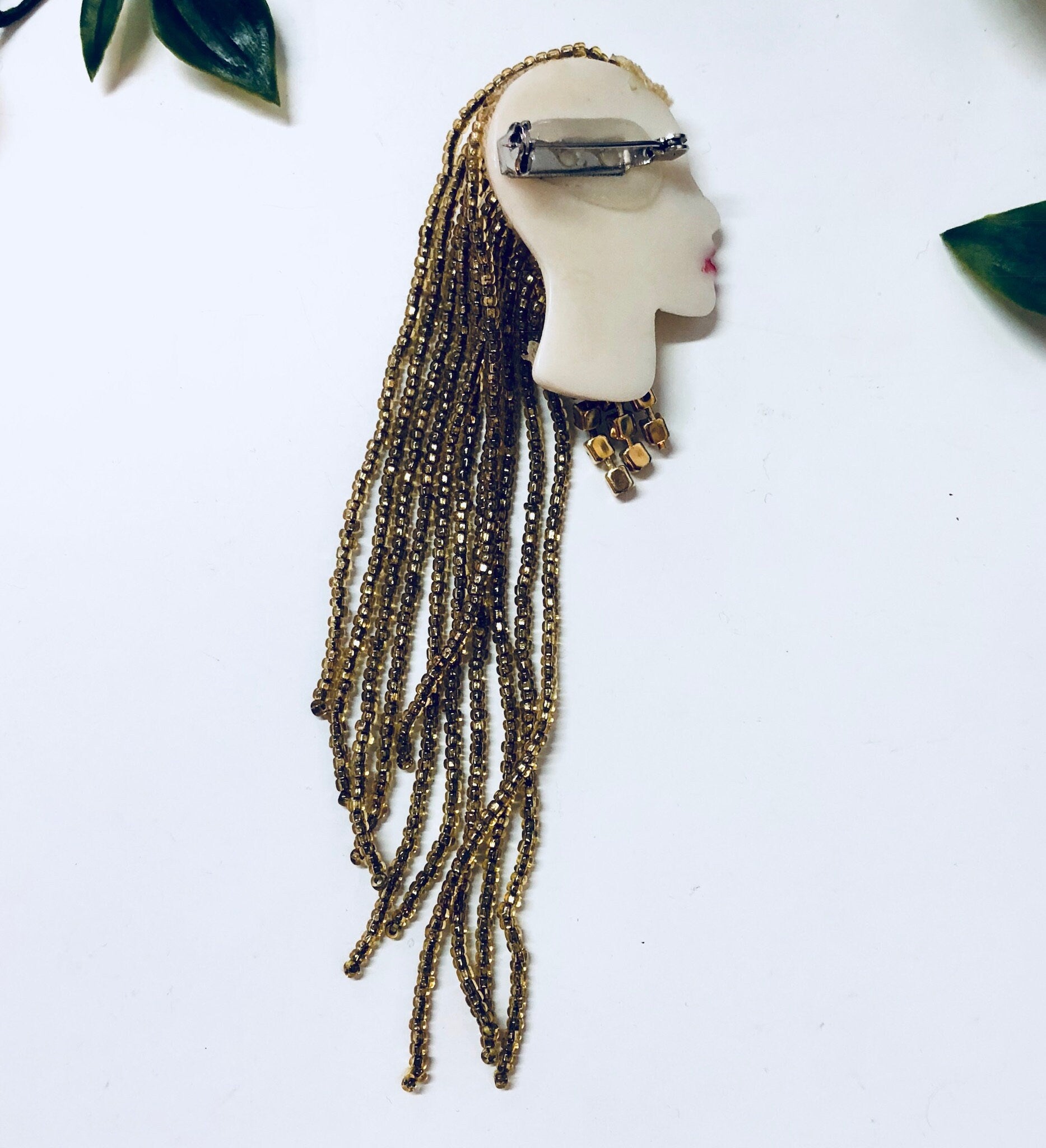 Vintage Brooch, Vintage Jewelry, Face Brooch, Flapper Jewelry, Beaded Pin, Vintage Pin, Yellow Beads, Rhinestones, Lipstick, blue, red