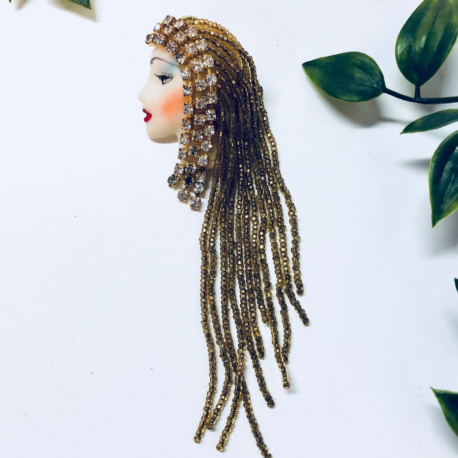 Vintage Brooch, Vintage Jewelry, Face Brooch, Flapper Jewelry, Beaded Pin, Vintage Pin, Yellow Beads, Rhinestones, Lipstick, blue, red