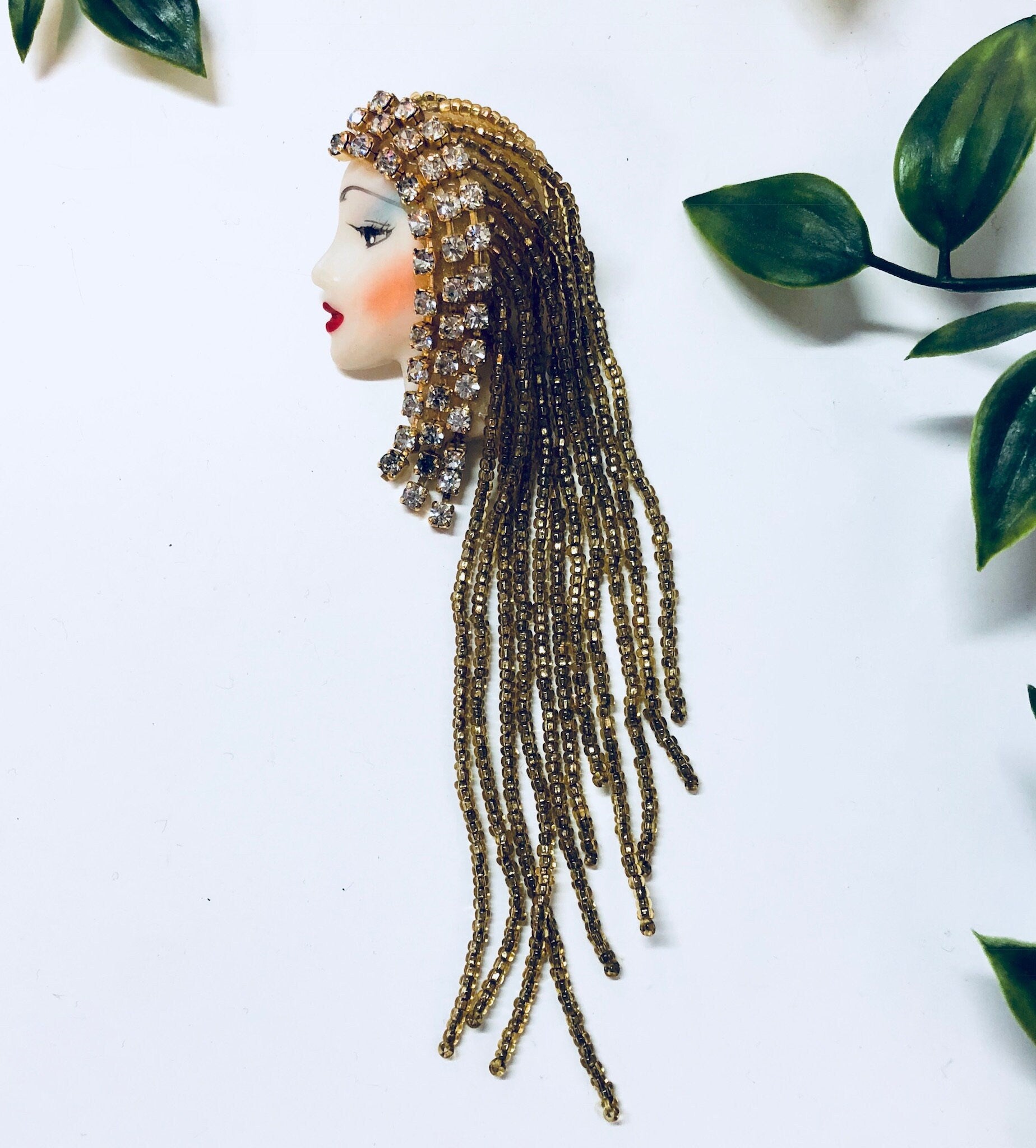 Vintage Brooch, Vintage Jewelry, Face Brooch, Flapper Jewelry, Beaded Pin, Vintage Pin, Yellow Beads, Rhinestones, Lipstick, blue, red