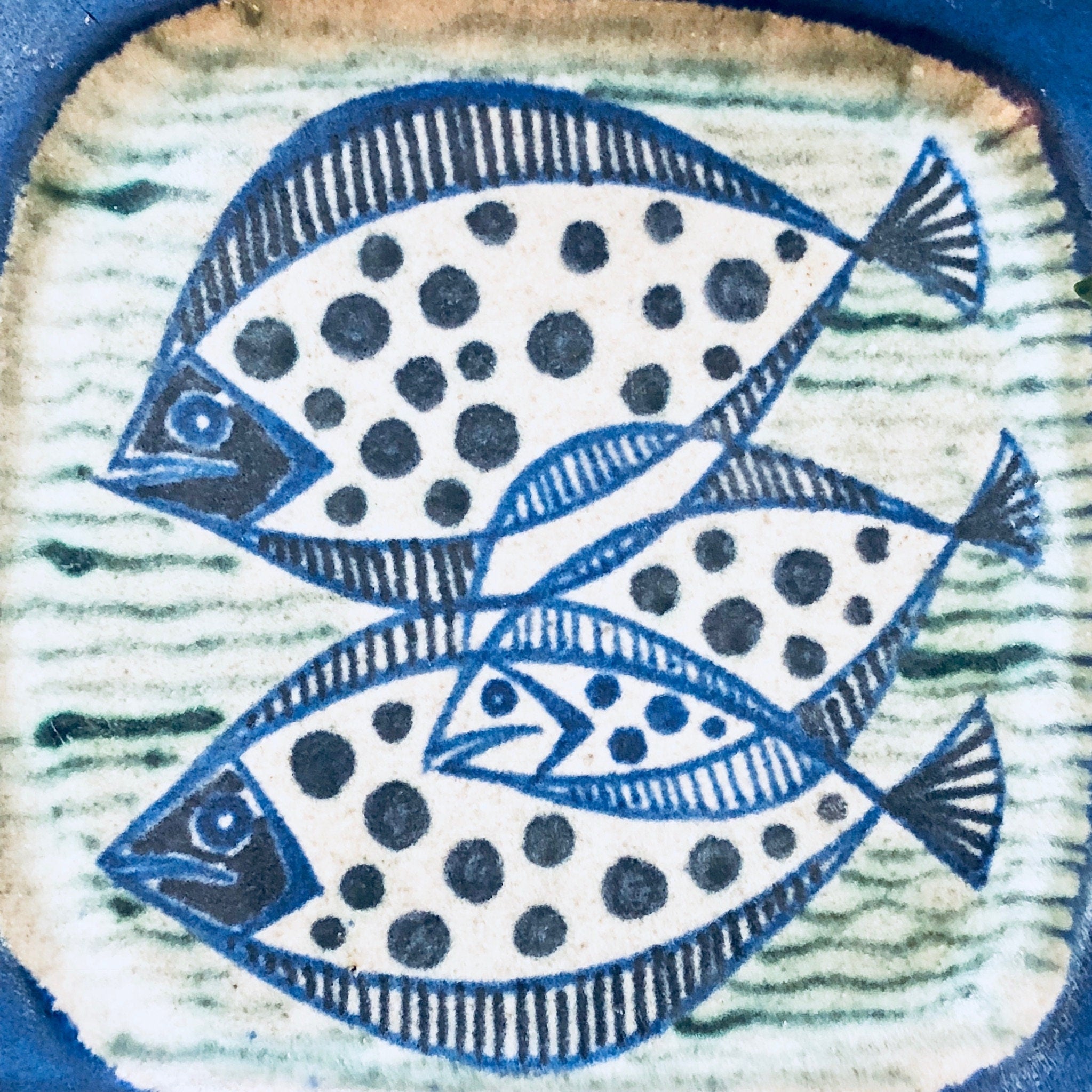 Vintage Dish, Vintage Pottery, Denmark Pottery, Stoneware, Fish Dish, Aquatic Dish, Three Fish, Blue, Grey, Green, Decorative Dish, Tray