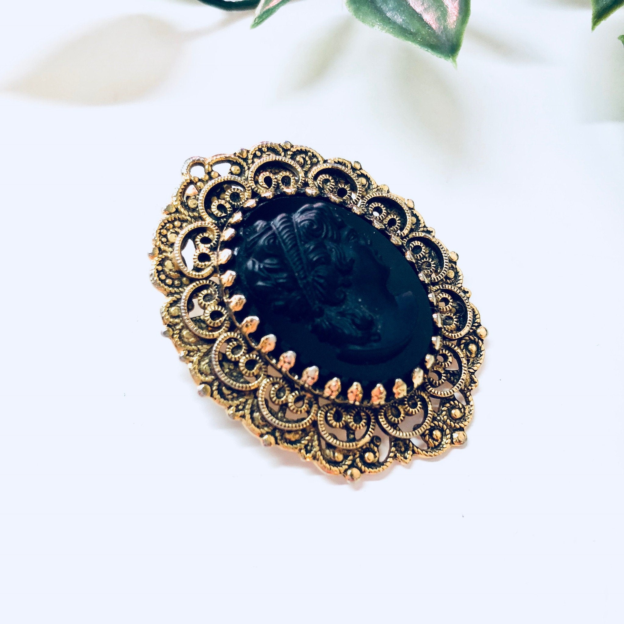 Vintage Cameo, Cameo Brooch, Cameo Pendant, Necklace, Black Cameo, Vintage Jewelry, Gold Toned Jewelry, Victorian Cameo, Gold and Black,