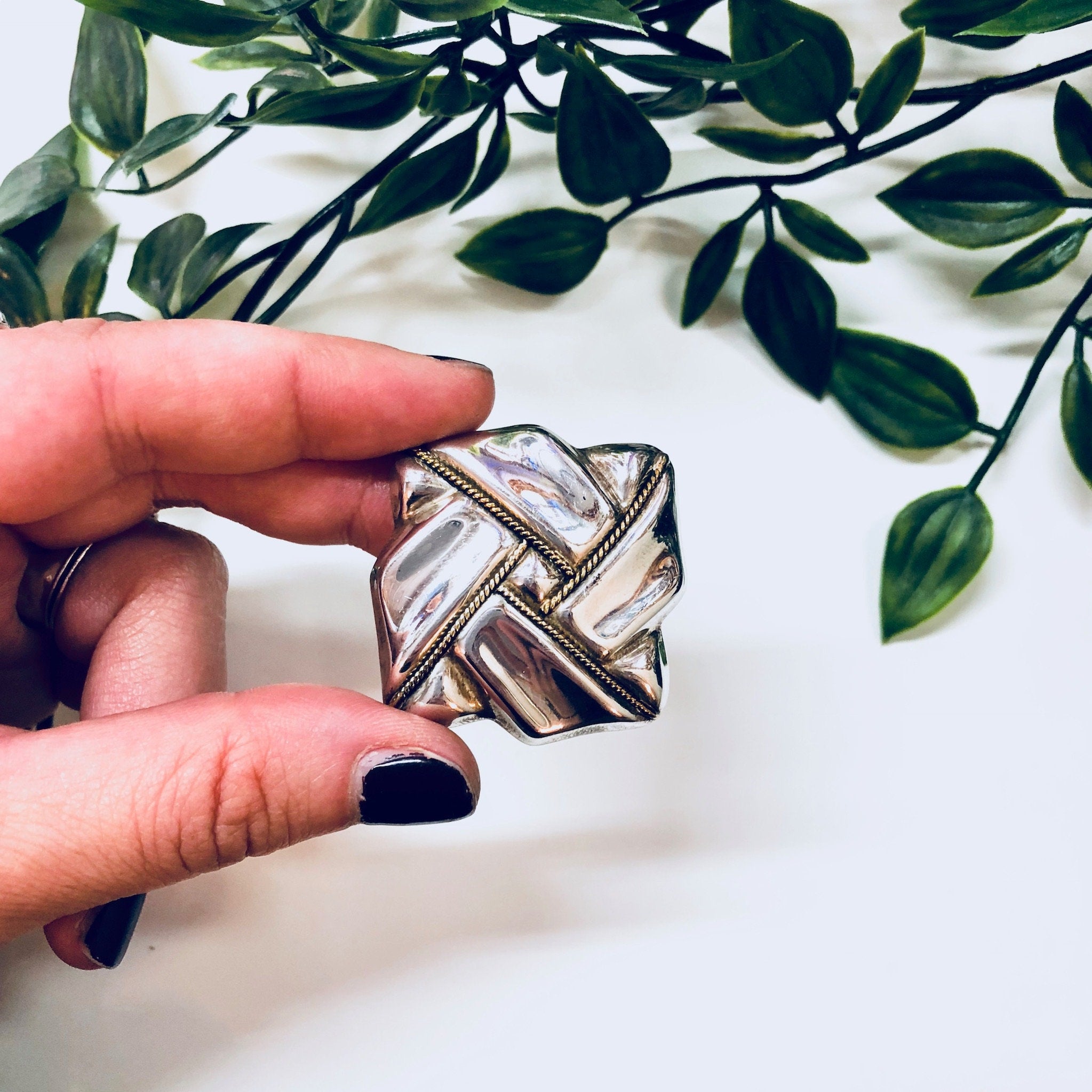 Vintage Silver Brooch, Sterling Silver, Vintage Jewelry, Necklace, Pendant, Pin, Gold Accent, 925, Brooch, Square, Ribbon, Anniversary Gift