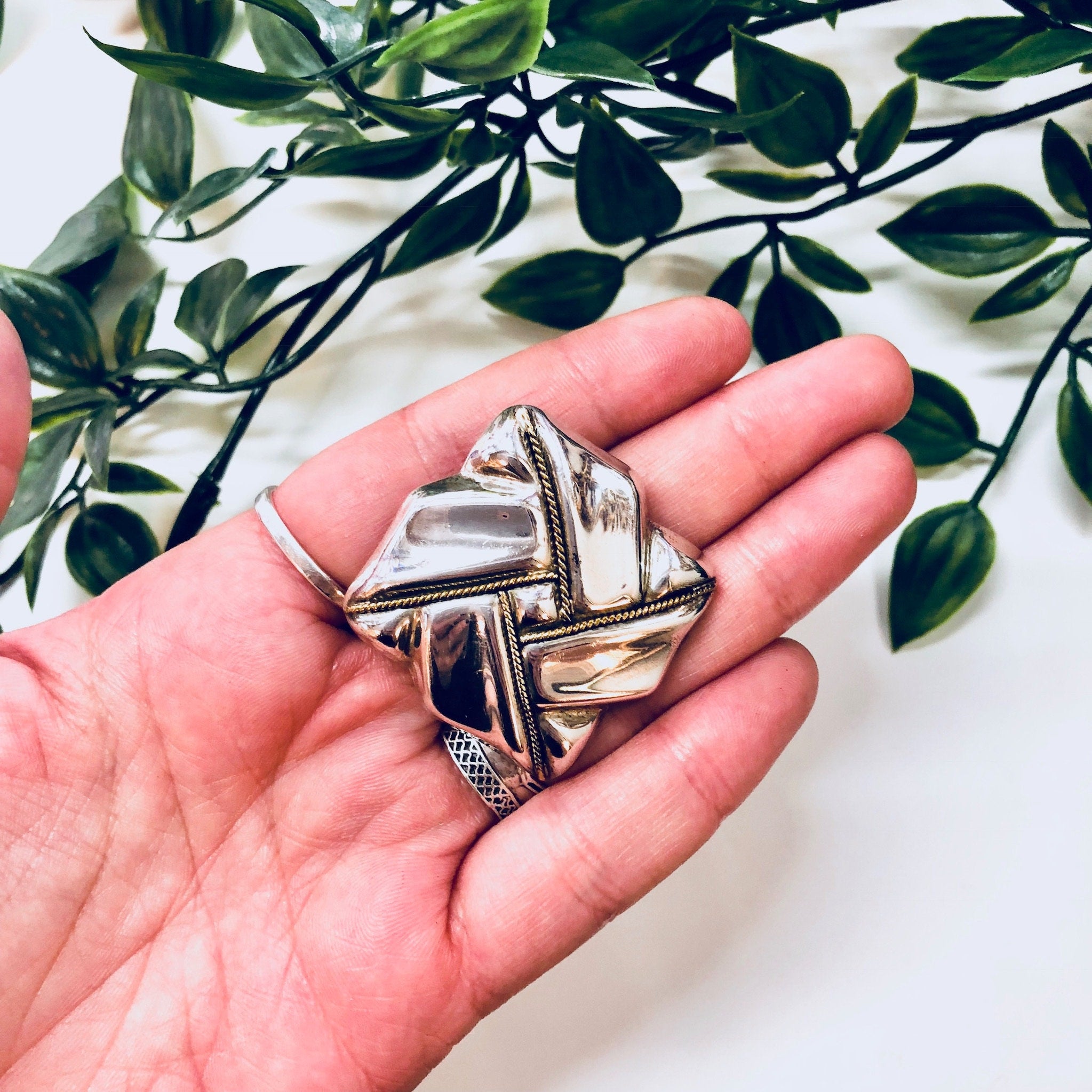 Vintage Silver Brooch, Sterling Silver, Vintage Jewelry, Necklace, Pendant, Pin, Gold Accent, 925, Brooch, Square, Ribbon, Anniversary Gift