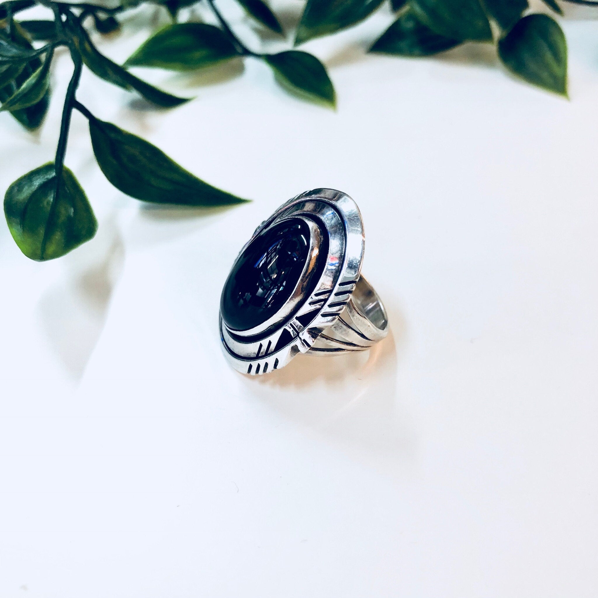 Vintage Silver Ring, Black Onyx Ring, Sterling Silver, Vintage Jewelry, NAKA Ring, Modernist, Statement Jewelry, Black and Silver, Black