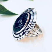 Vintage Silver Ring, Black Onyx Ring, Sterling Silver, Vintage Jewelry, NAKA Ring, Modernist, Statement Jewelry, Black and Silver, Black