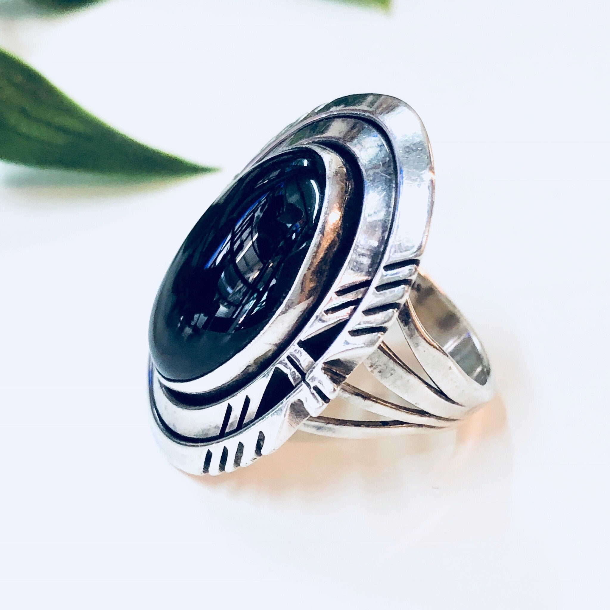 Vintage Silver Ring, Black Onyx Ring, Sterling Silver, Vintage Jewelry, NAKA Ring, Modernist, Statement Jewelry, Black and Silver, Black