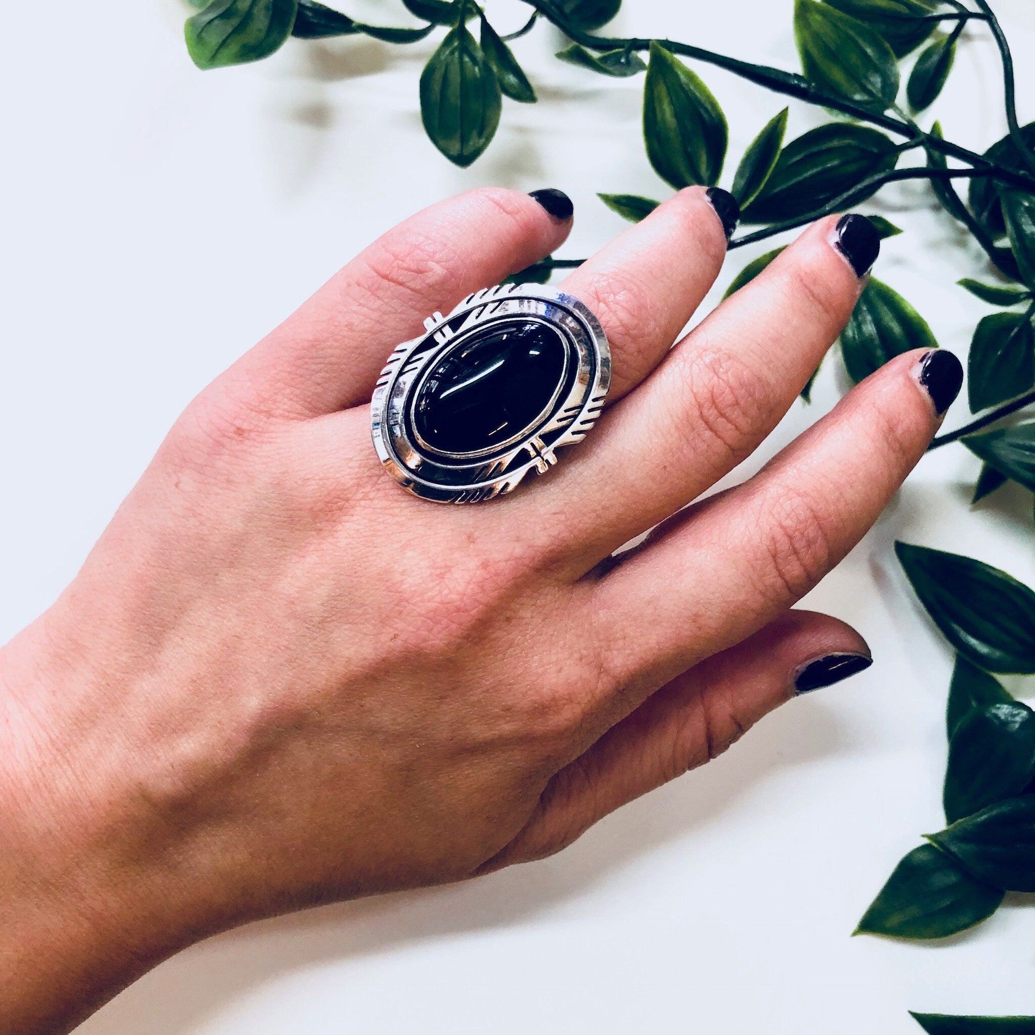 Vintage Silver Ring, Black Onyx Ring, Sterling Silver, Vintage Jewelry, NAKA Ring, Modernist, Statement Jewelry, Black and Silver, Black