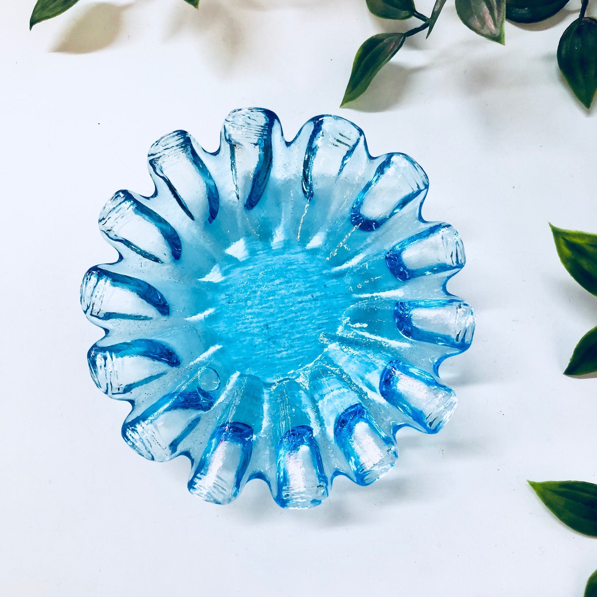 Vintage Ashtray, Blue Glass, Catch All Dish, Ring Dish, Jewelry Storage, Light Blue, Flower Shaped, Unique Ashtray, Vintage Home Decor, Blue