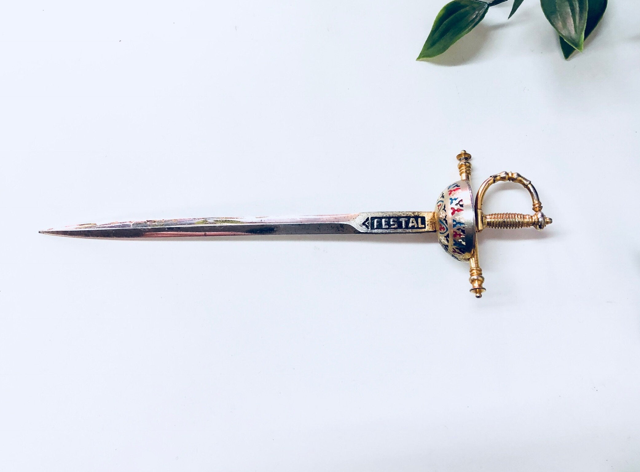 Vintage Letter Opener, Sword Letter Opener, Vintage Office Decor, Desk Decor, Letter Opener, Sword, Blue, Yellow, Gold, Festal, Fencing
