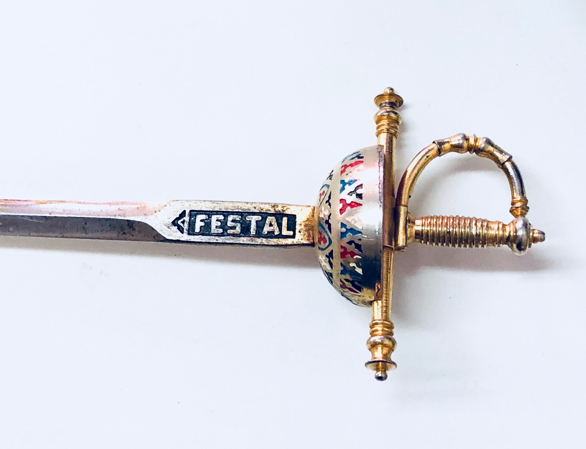 Vintage Letter Opener, Sword Letter Opener, Vintage Office Decor, Desk Decor, Letter Opener, Sword, Blue, Yellow, Gold, Festal, Fencing