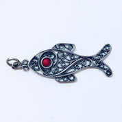 Vintage Silver Pendant, Filagree Pendant, Fish Jewelry, Sterling Silver, Vintage Jewelry, Red Stone, Red Eye, Aquatic Jewelry, Necklace