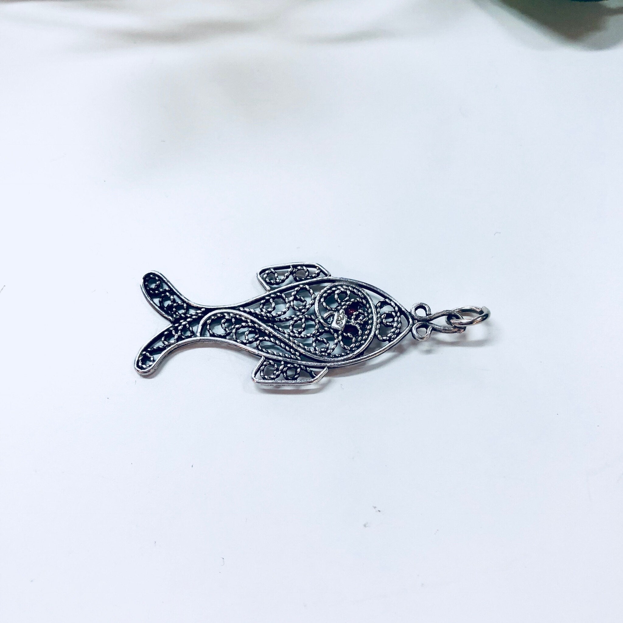 Vintage Silver Pendant, Filagree Pendant, Fish Jewelry, Sterling Silver, Vintage Jewelry, Red Stone, Red Eye, Aquatic Jewelry, Necklace