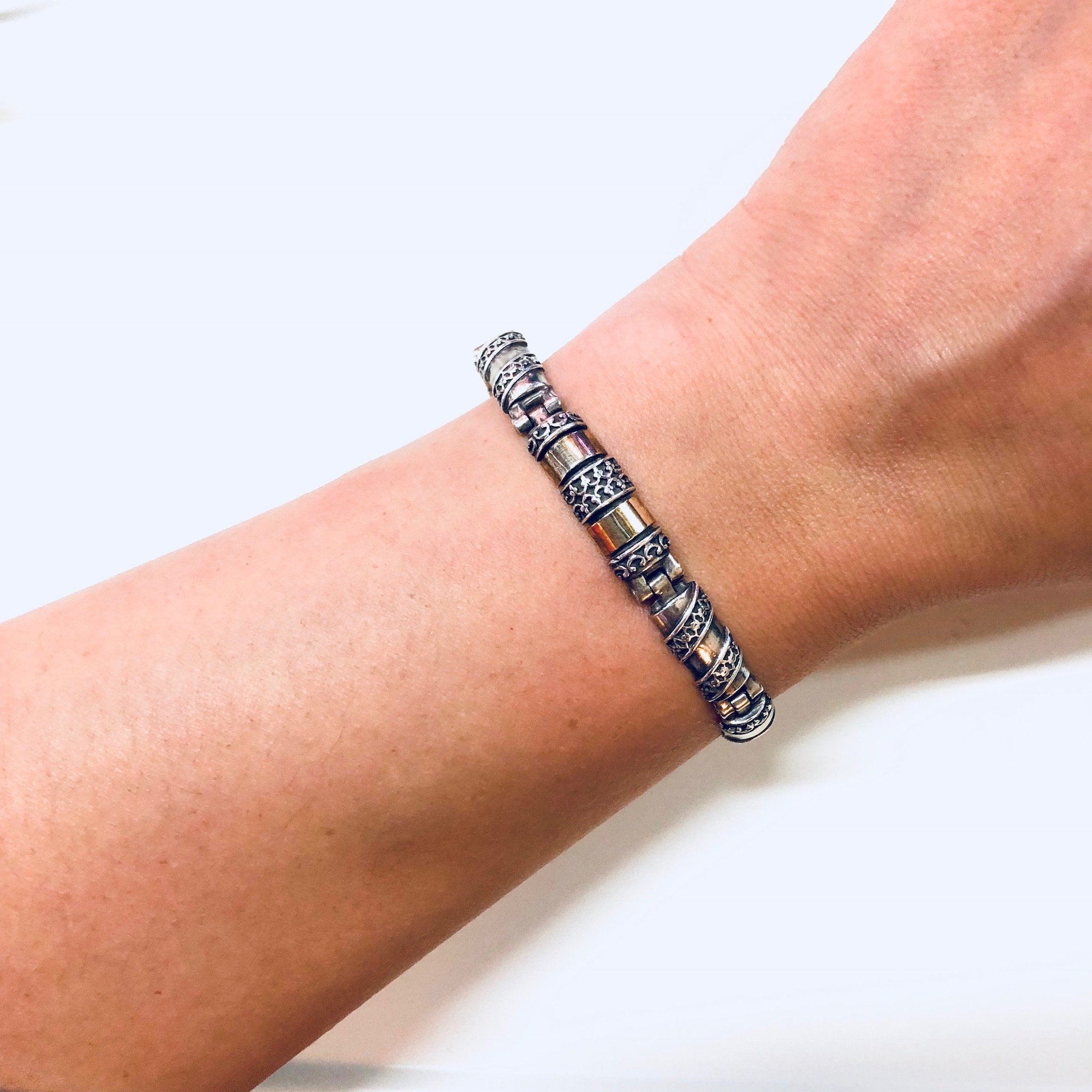 Vintage Silver Bracelet, Link Bracelet, Sterling Silver, Vintage Jewelry, Gold Jewelry, 925, Anniversary Gift, Silver and Gold, Inlay