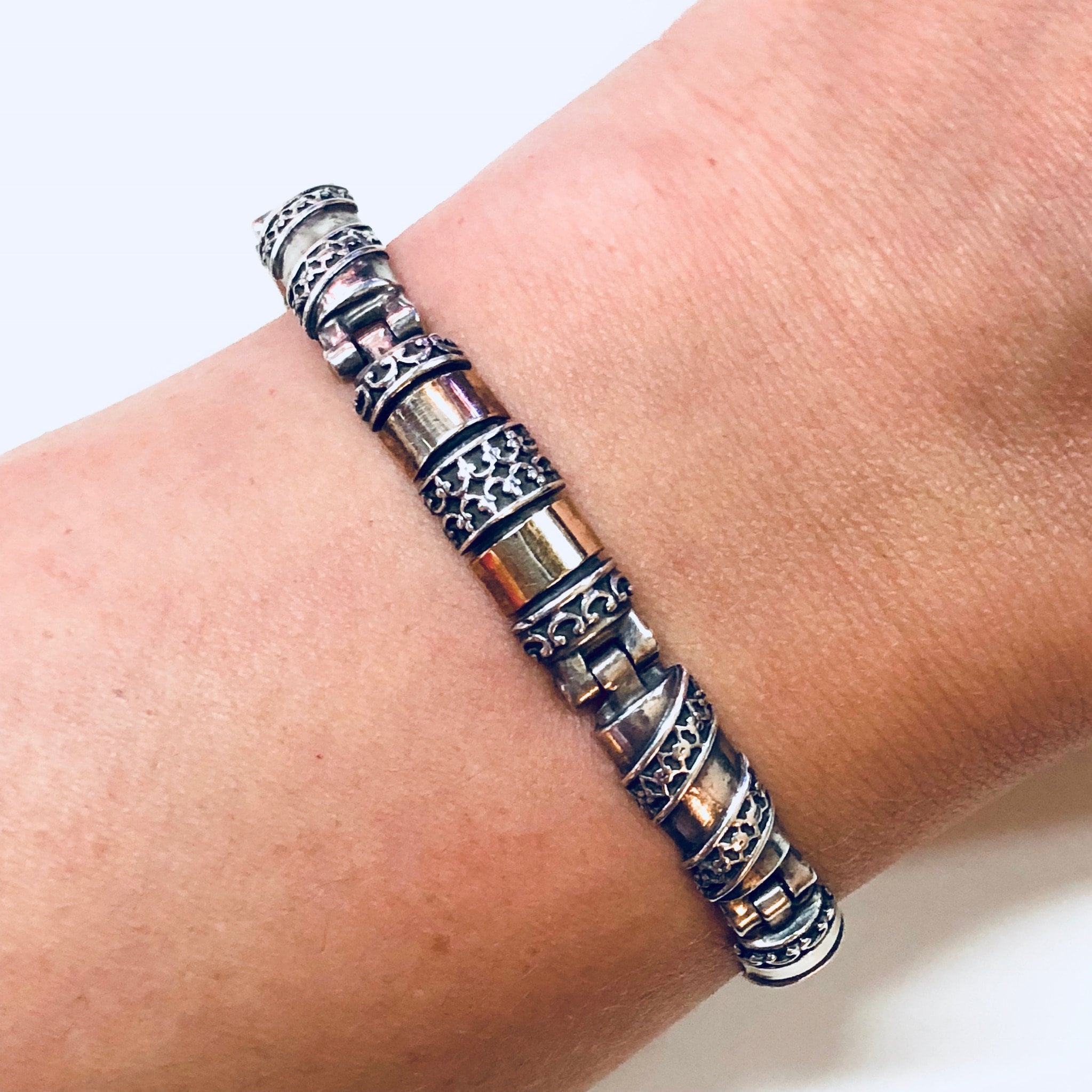 Vintage Silver Bracelet, Link Bracelet, Sterling Silver, Vintage Jewelry, Gold Jewelry, 925, Anniversary Gift, Silver and Gold, Inlay