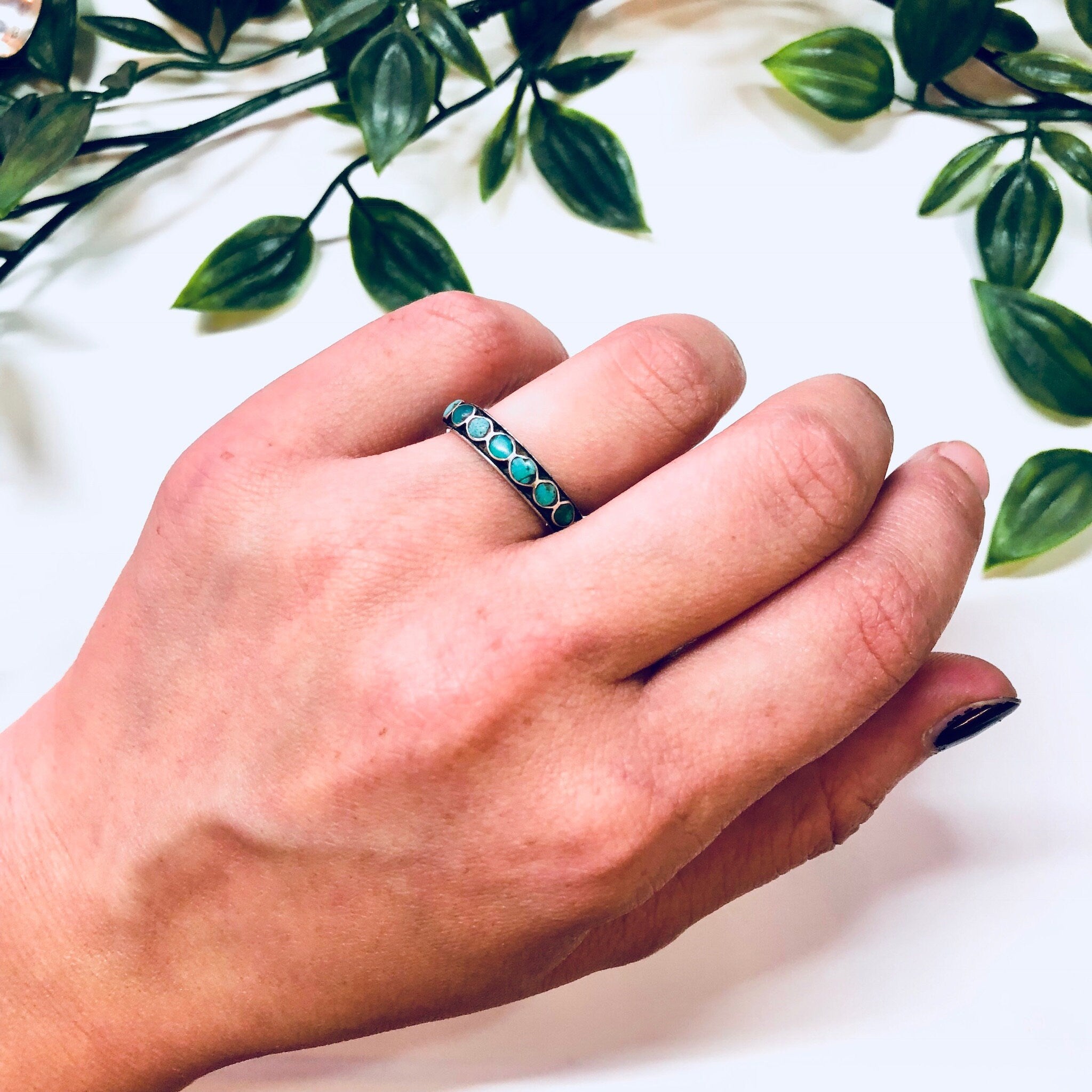 Vintage Silver Ring, Sterling Silver, Turquoise Ring, Beaded Ring, Blue, Band, Stacking Ring, Thin Band, Engagement Ring, Anniversary Gift