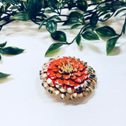 Vintage Broch, Flower Brooch, Pin, Vintage Jewelry, Gold Toned Jewelry, Orange Flower, Floral Jewelry, Patina, Round, Gold and Orange