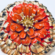 Vintage Broch, Flower Brooch, Pin, Vintage Jewelry, Gold Toned Jewelry, Orange Flower, Floral Jewelry, Patina, Round, Gold and Orange
