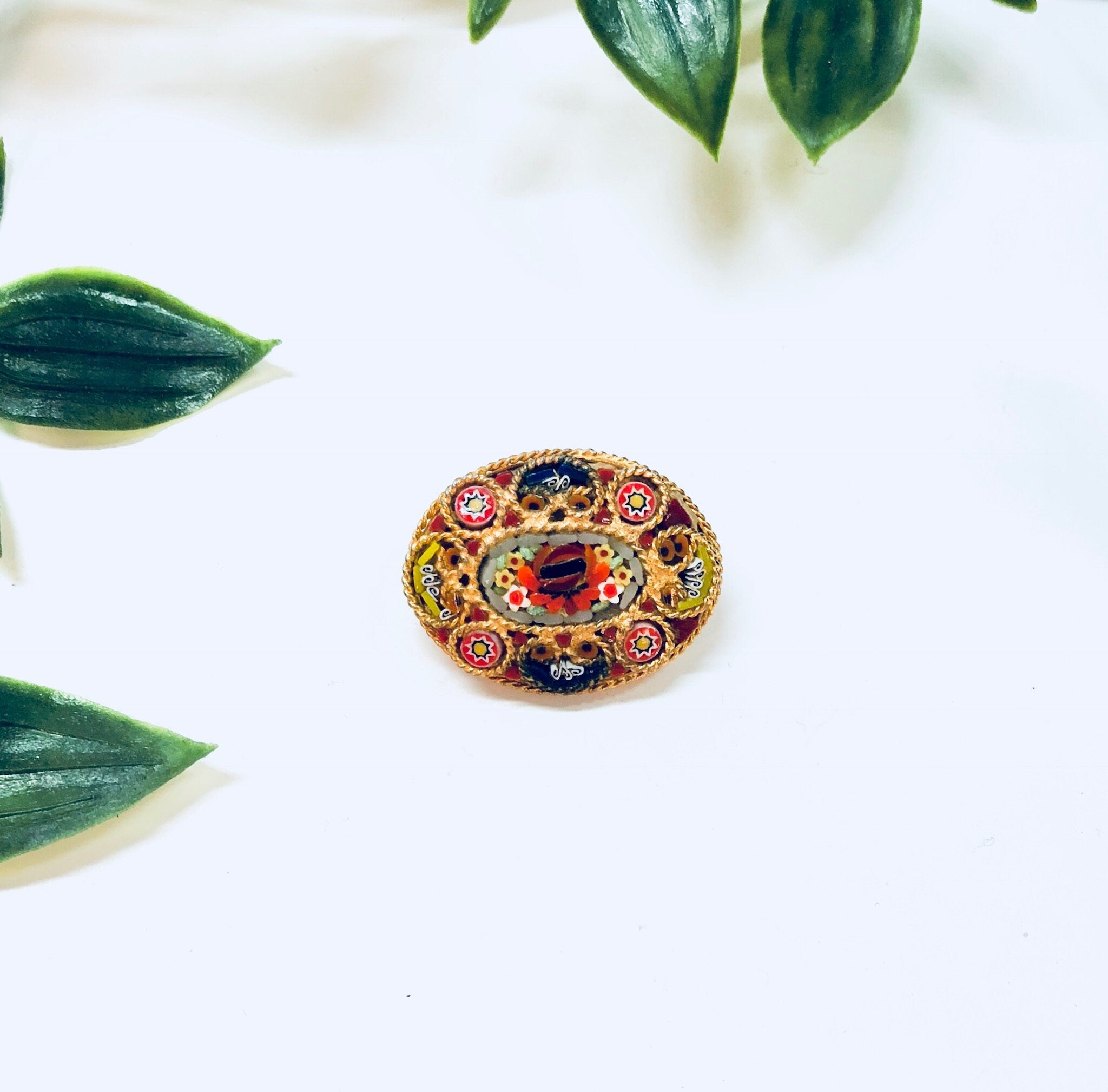 Millefiori Brooch, Small Brooch, Vintage Jewelry, Mosaic Jewelry, Vintage Pin, Small Brooch, Oval Shape, Yellow, Gold Toned, Blue, Green,