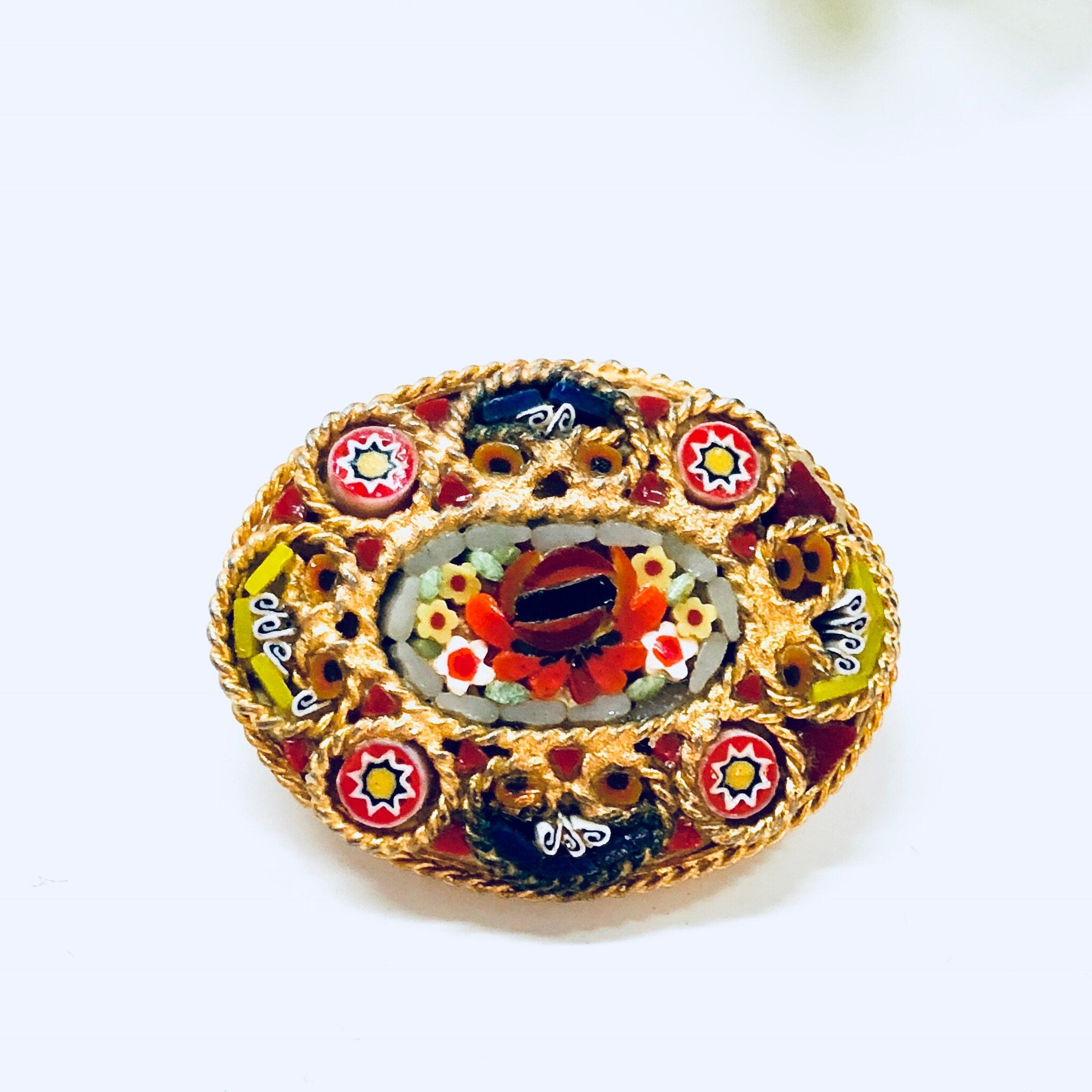 Millefiori Brooch, Small Brooch, Vintage Jewelry, Mosaic Jewelry, Vintage Pin, Small Brooch, Oval Shape, Yellow, Gold Toned, Blue, Green,