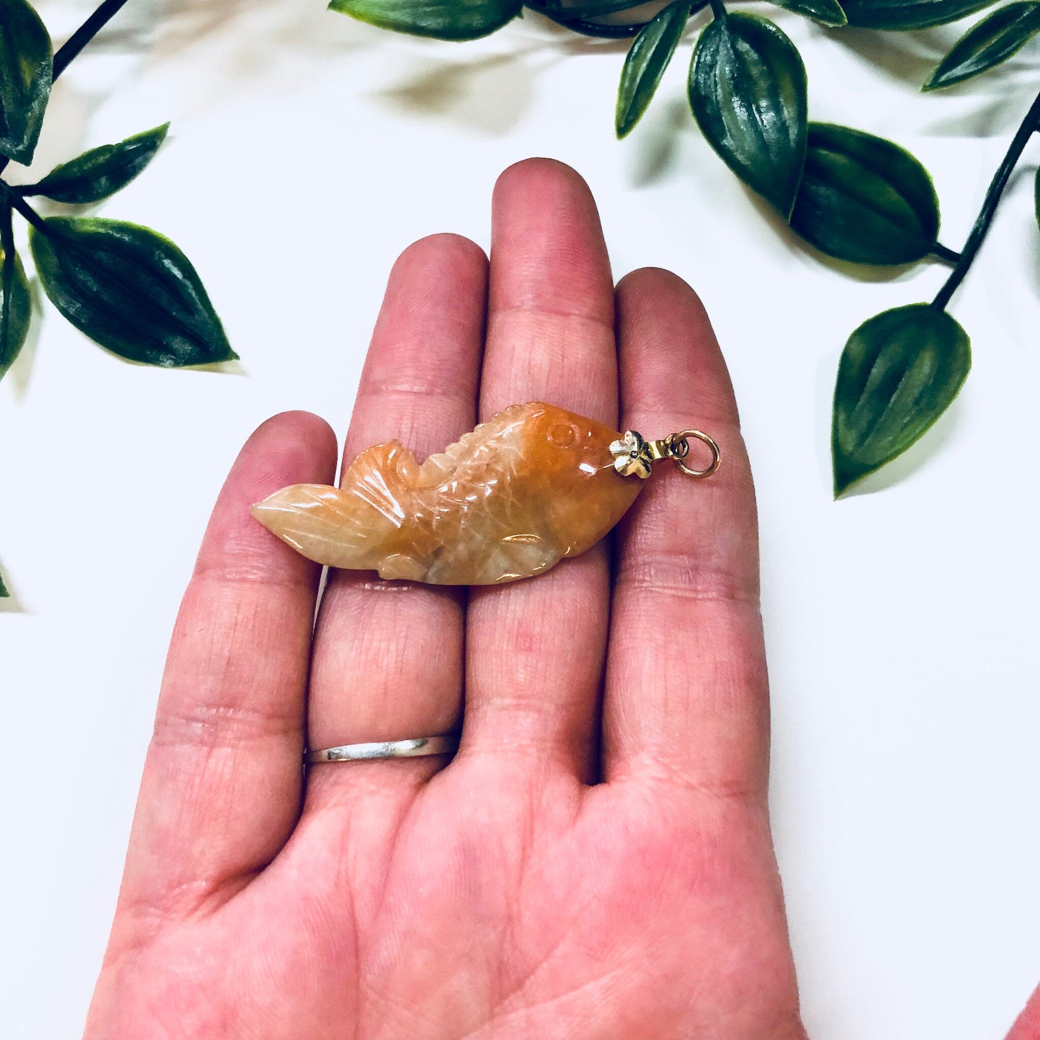 Vintage Pendant, Fish Pendant, Stone Jewelry, Fish Jewelry, Aquatic, Ocean, Orange, Green, Jade, Multicolor Jade, Orange, Necklace, Fish