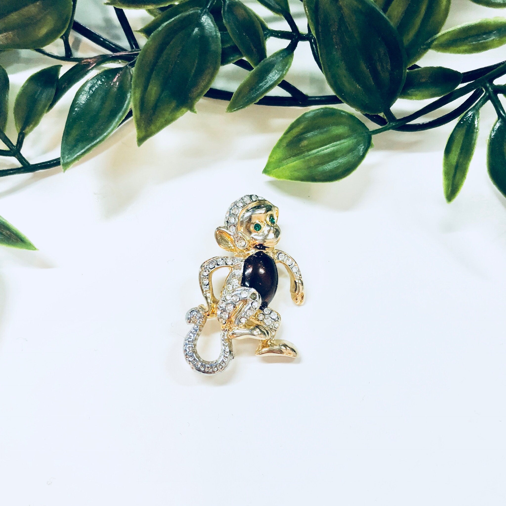 Vintage Brooch, Monkey Brooch, Animal Jewelry, Vintage Jewelry, Gold Toned Jewelry, Monkey Pin, Rhinestone, Green, Brown, Gold, Cute Pin