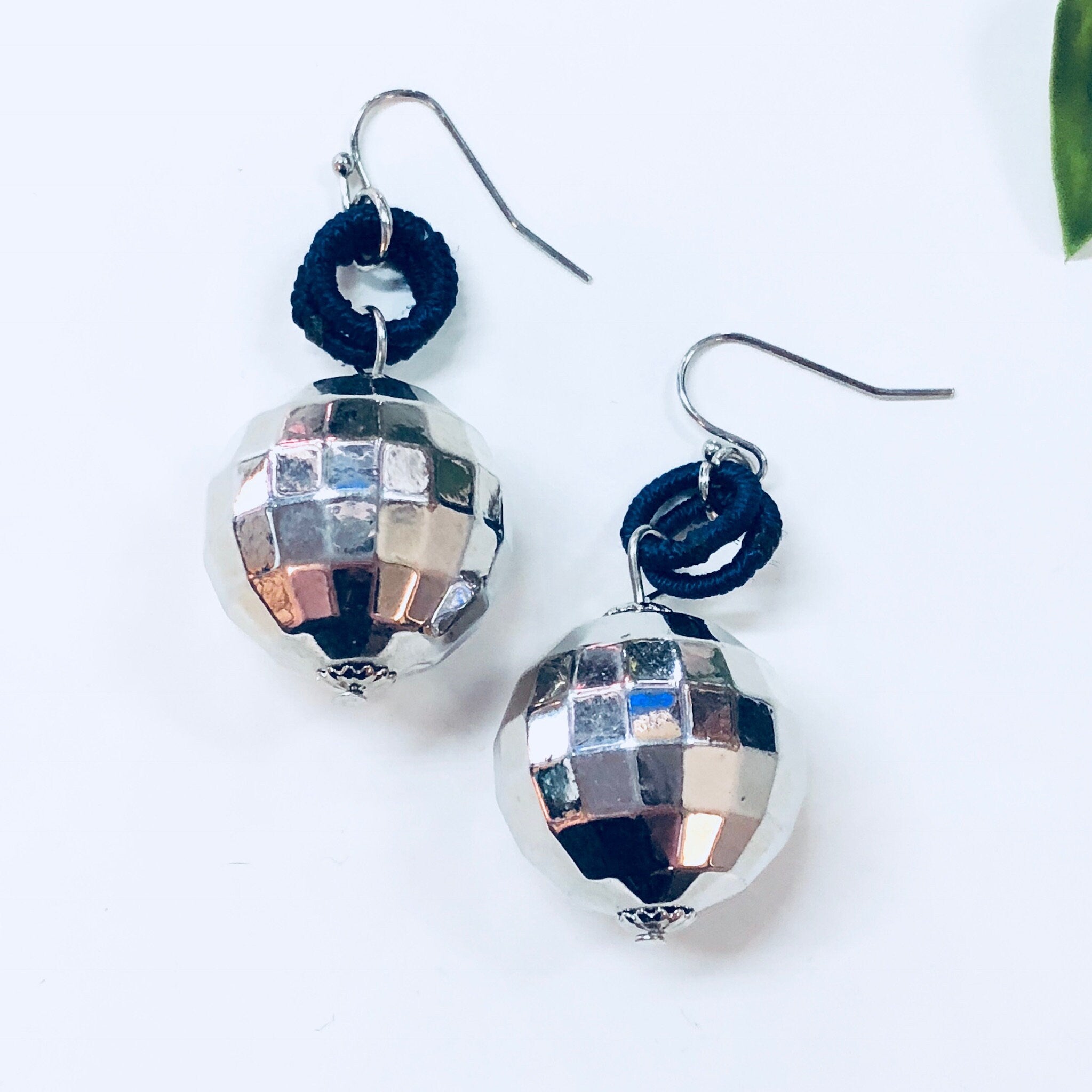 Vintage Earrings, Disco Ball Earrings, Dangle Earrings, Drop Earrings, Pierced Ears, Blue, Silver, Disco, Retro, Vintage Jewelry, Round