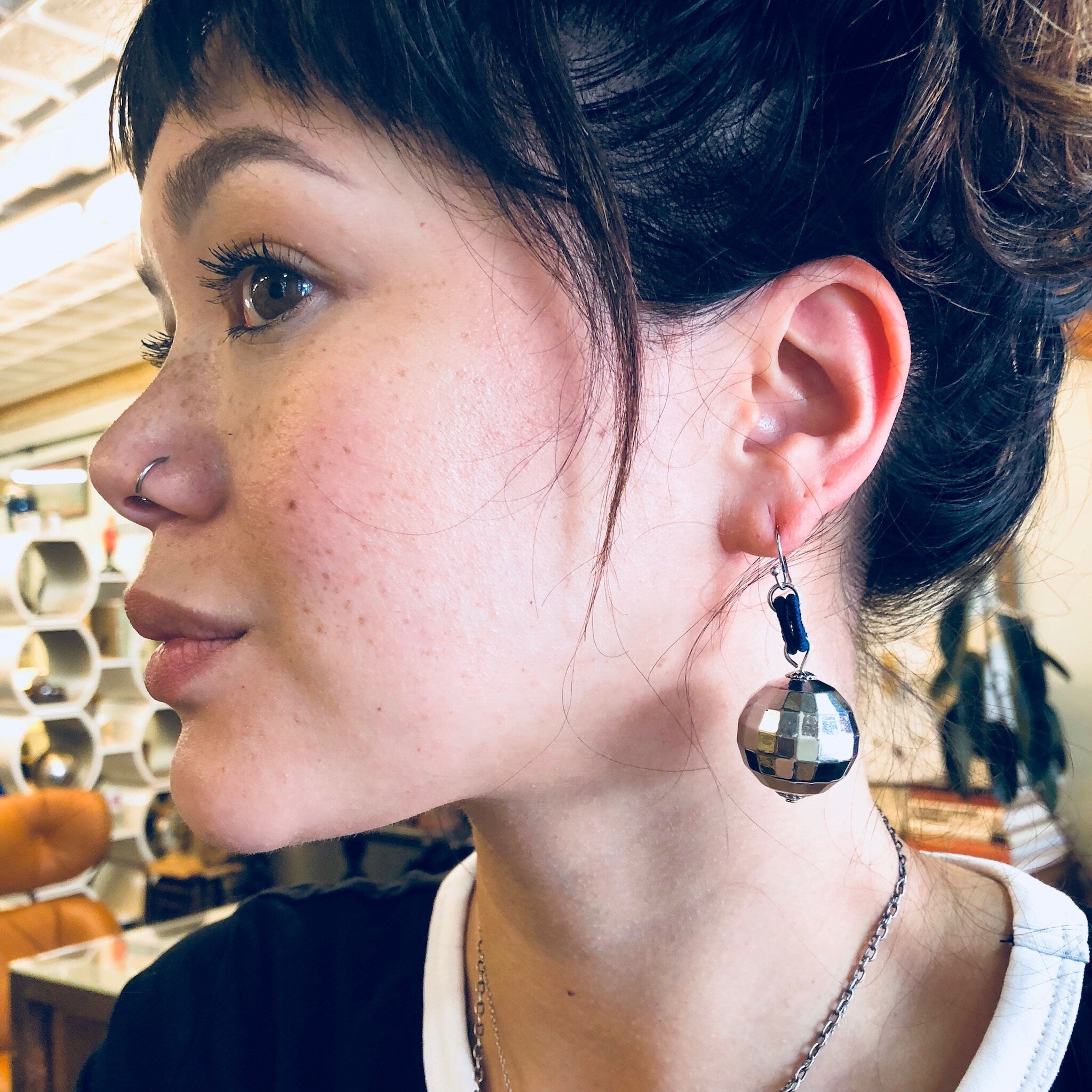 Vintage Earrings, Disco Ball Earrings, Dangle Earrings, Drop Earrings, Pierced Ears, Blue, Silver, Disco, Retro, Vintage Jewelry, Round