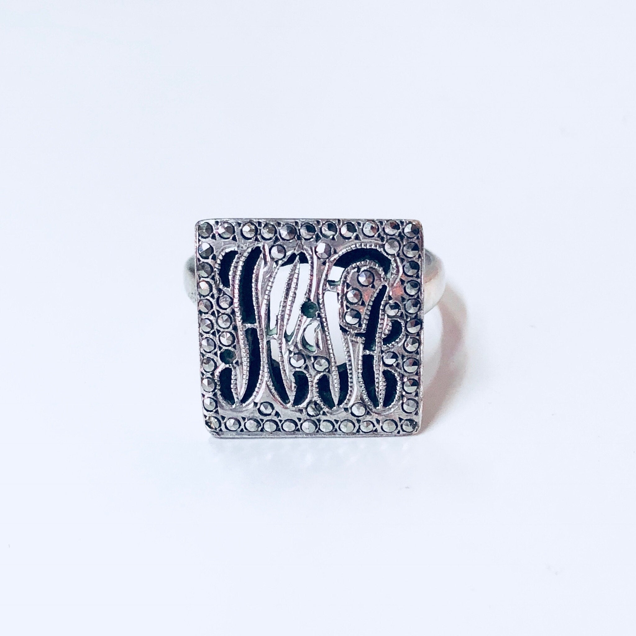 Vintage Silver Ring, Monogrammed Ring, Monogram, Marcasite Ring, Vintage Jewelry, Sterling Silver, Sparkly Ring, Engagement Ring,