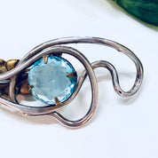 Vintage Silver Brooch, Sterling Silver, Blue Stone, Blue Brooch, Brass Brooch, Vintage Pin, Vintage Jewelry, Feather, Abstract Jewelry, Rare