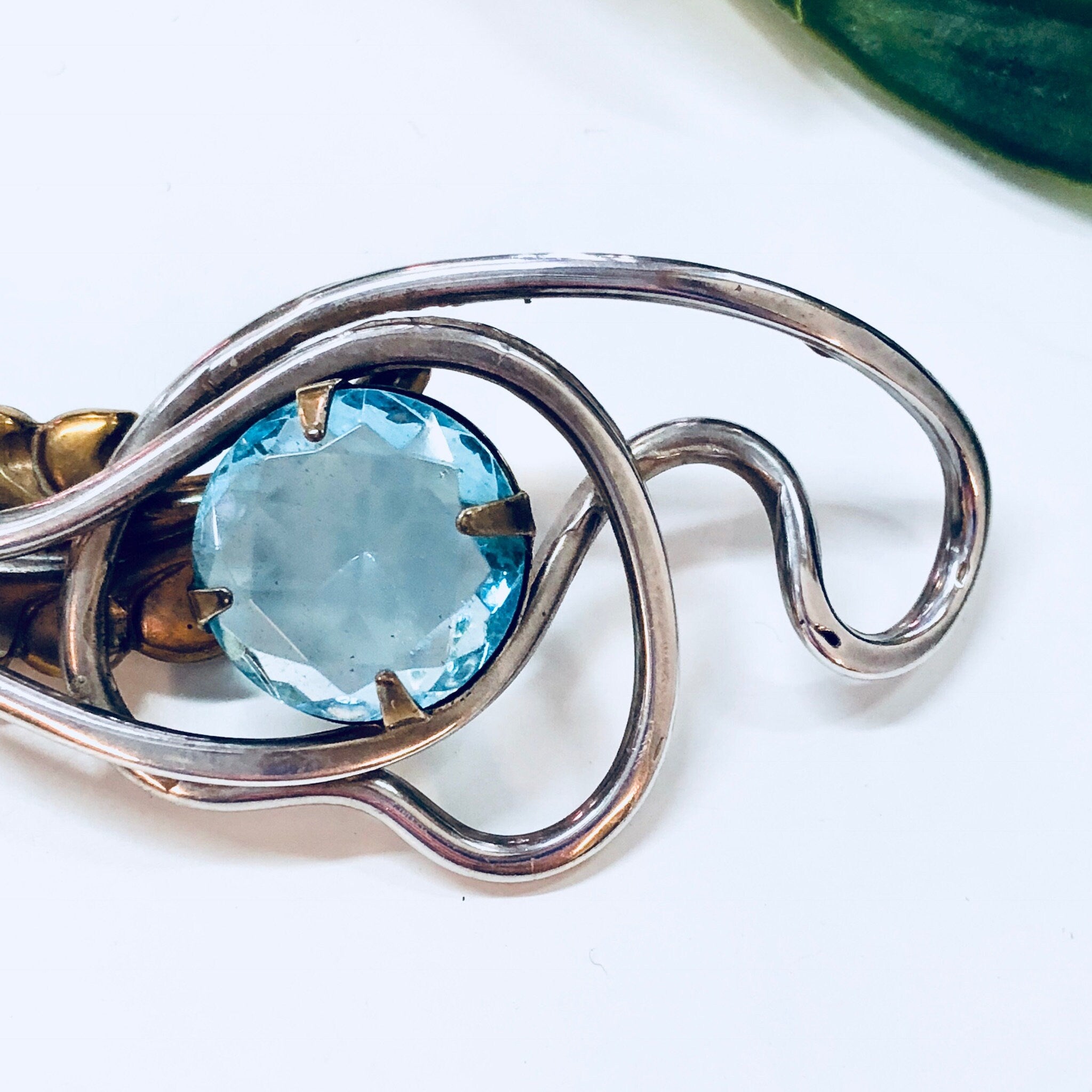 Vintage Silver Brooch, Sterling Silver, Blue Stone, Blue Brooch, Brass Brooch, Vintage Pin, Vintage Jewelry, Feather, Abstract Jewelry, Rare