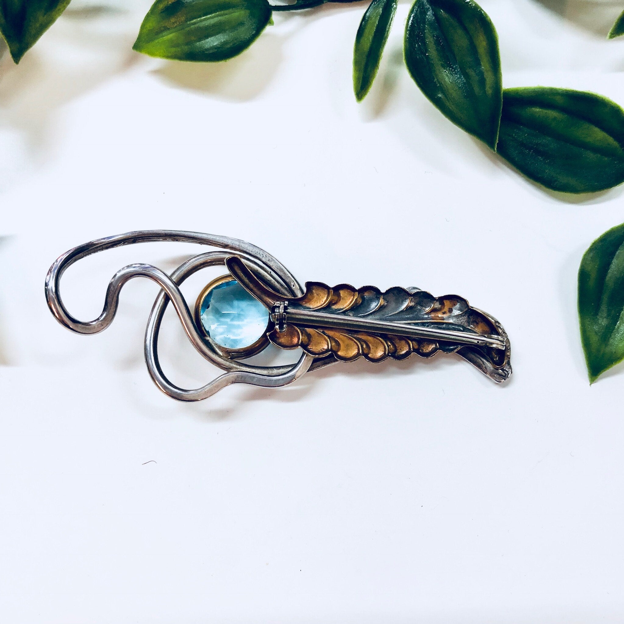 Vintage Silver Brooch, Sterling Silver, Blue Stone, Blue Brooch, Brass Brooch, Vintage Pin, Vintage Jewelry, Feather, Abstract Jewelry, Rare