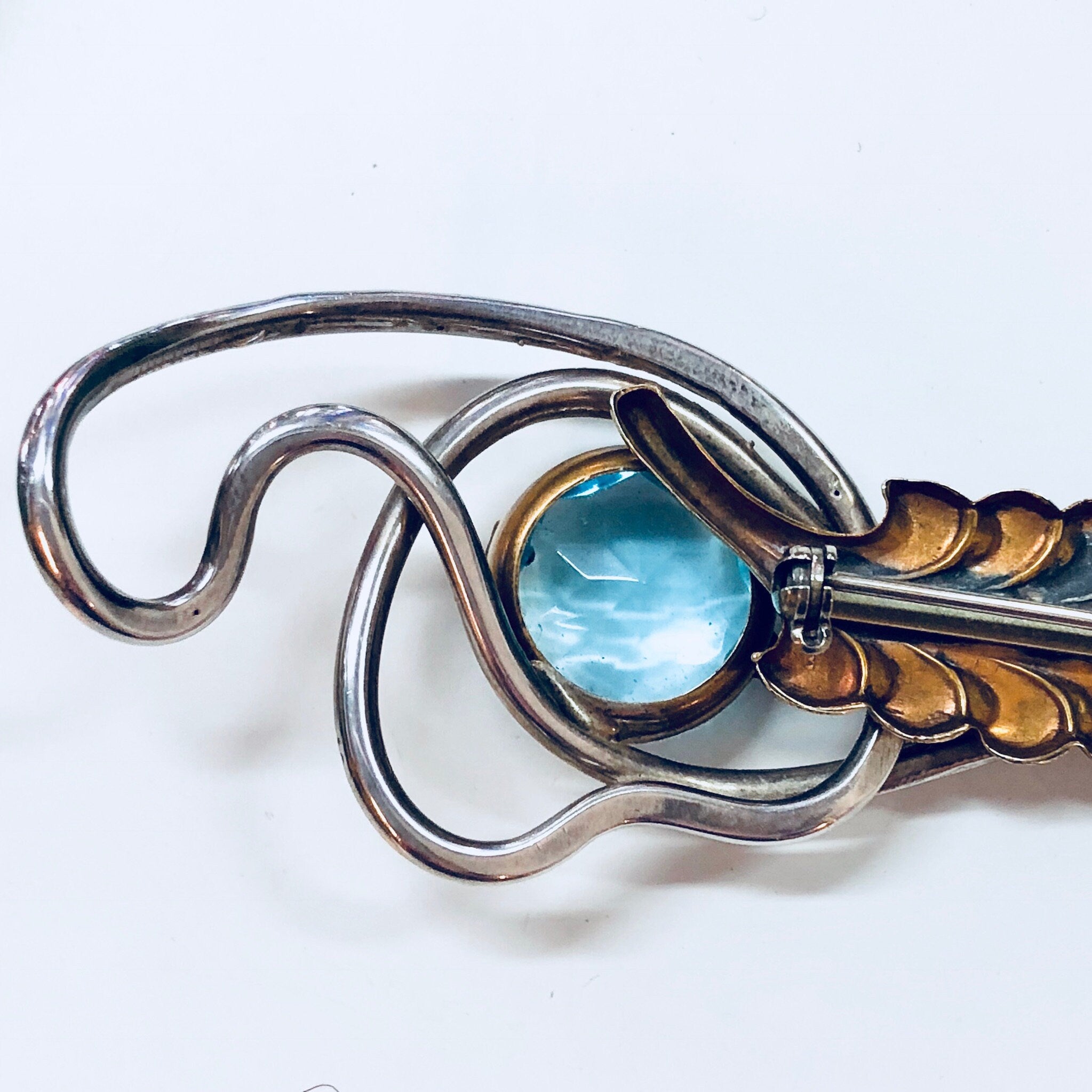 Vintage Silver Brooch, Sterling Silver, Blue Stone, Blue Brooch, Brass Brooch, Vintage Pin, Vintage Jewelry, Feather, Abstract Jewelry, Rare