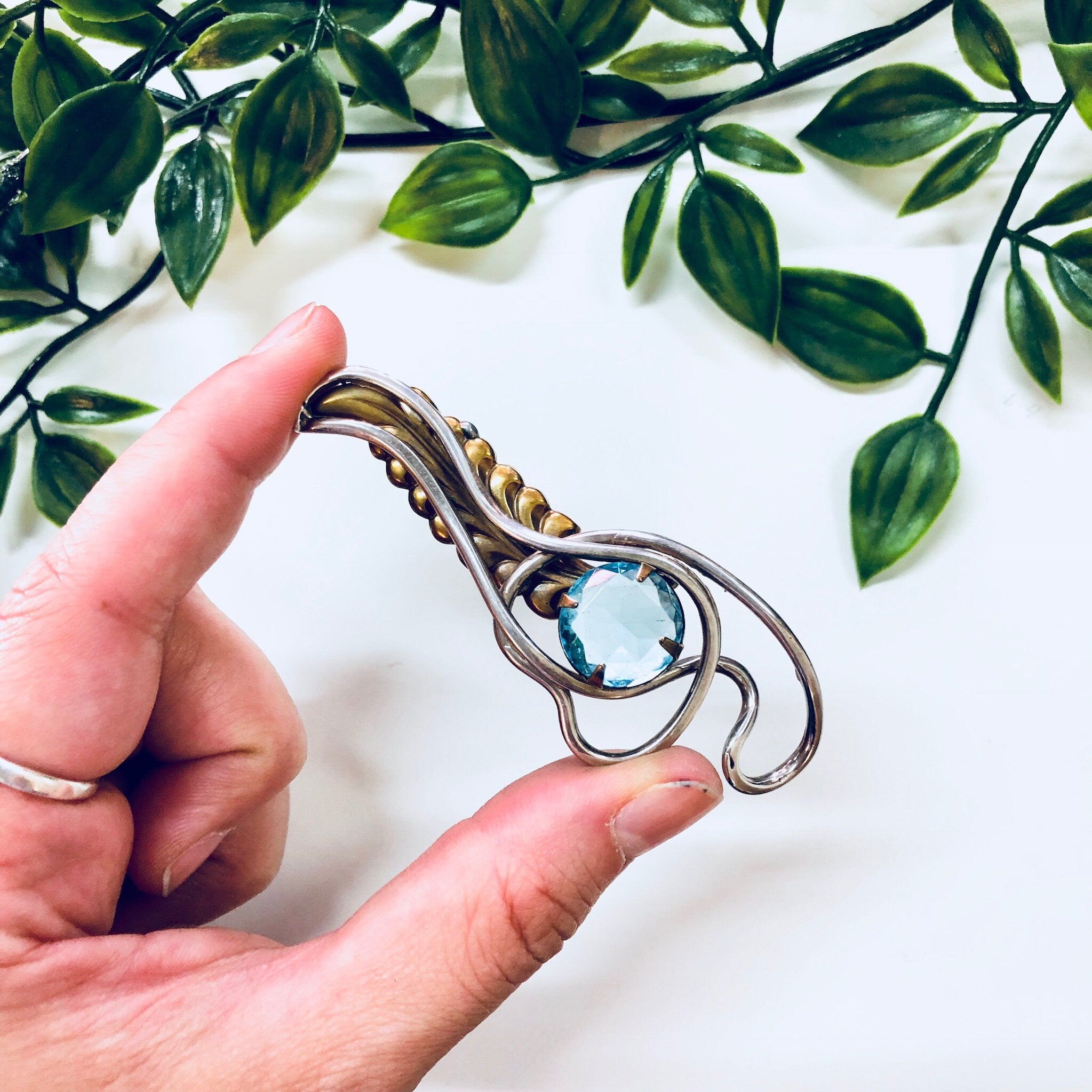 Vintage Silver Brooch, Sterling Silver, Blue Stone, Blue Brooch, Brass Brooch, Vintage Pin, Vintage Jewelry, Feather, Abstract Jewelry, Rare