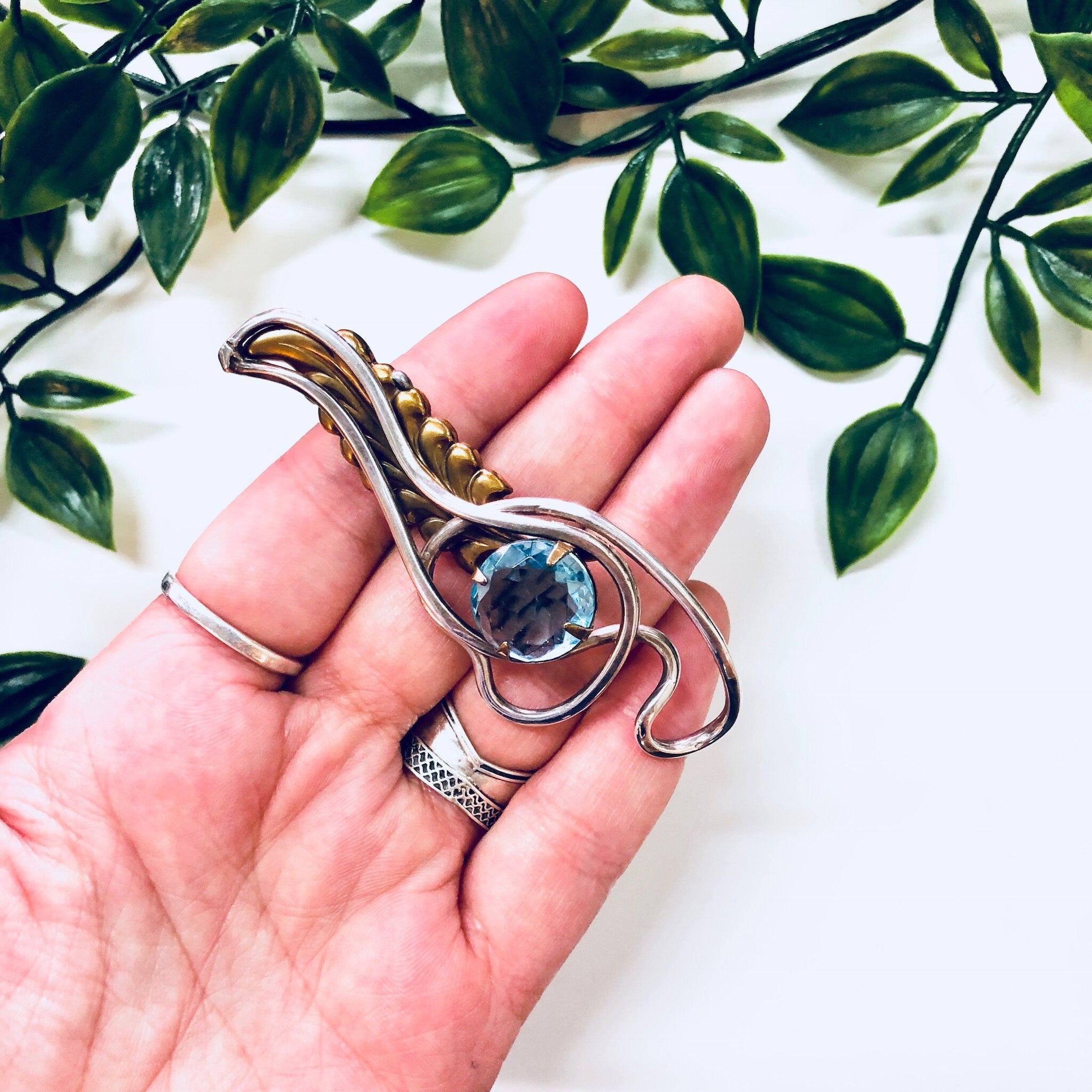 Vintage Silver Brooch, Sterling Silver, Blue Stone, Blue Brooch, Brass Brooch, Vintage Pin, Vintage Jewelry, Feather, Abstract Jewelry, Rare